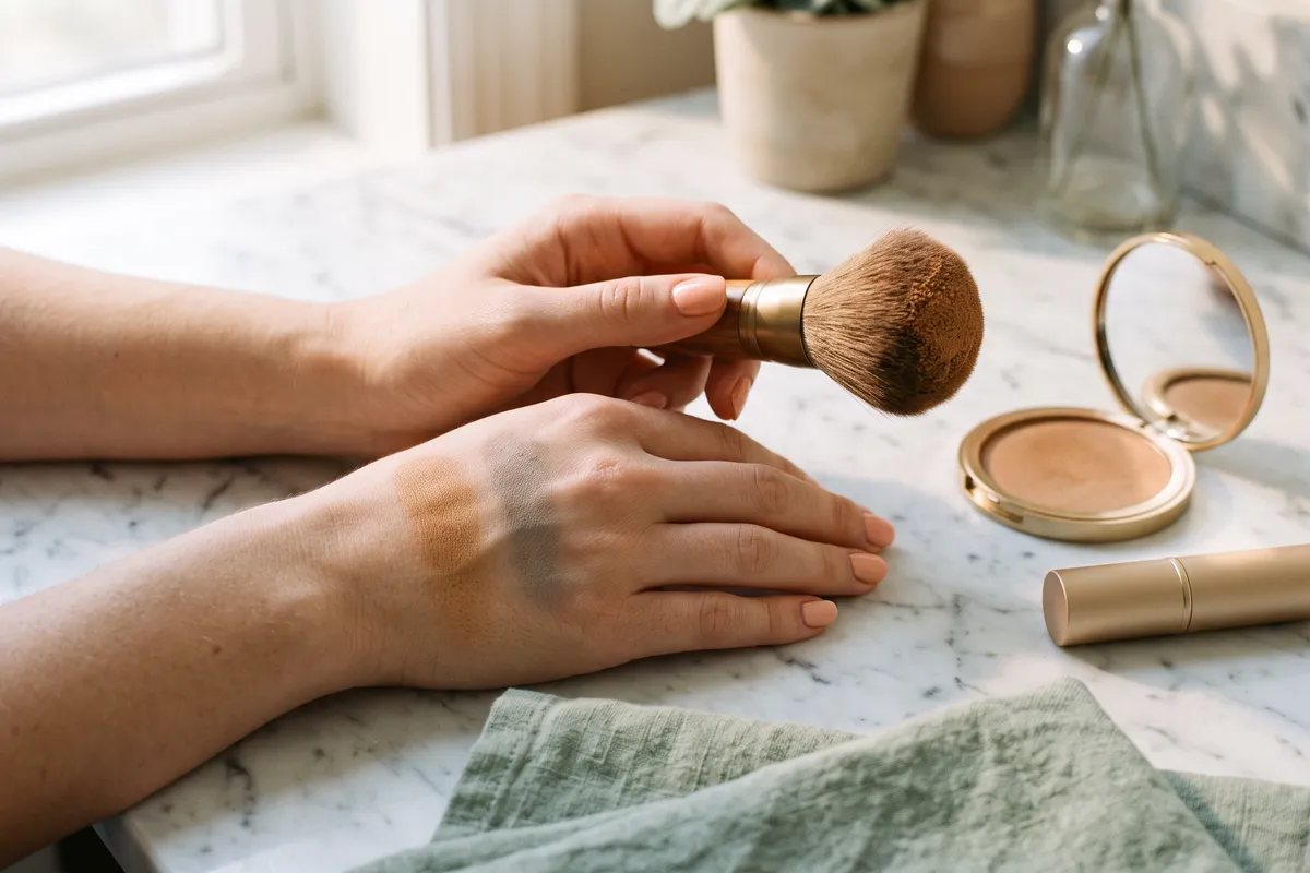 Two hands on a white marble counter, one holding a fluffy brush with warm bronze powder, the back of the other hand showing a warm golden bronze swatch next to a cool taupe swatch