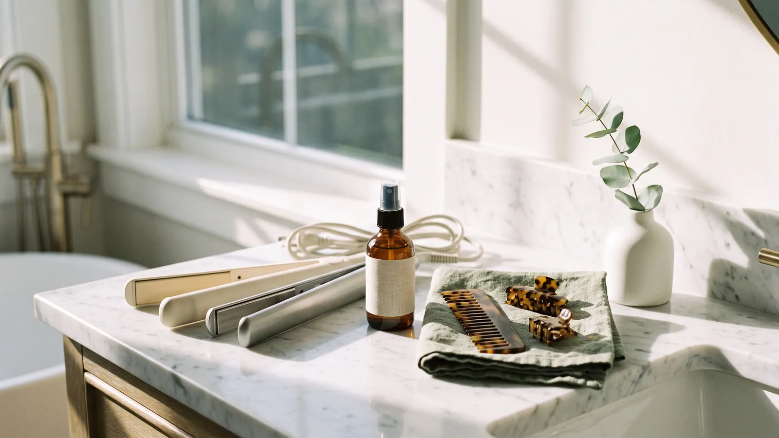 Two unbranded flat irons side by side on a white marble vanity, one with cream ceramic plates and one with brushed silver titanium plates, beside a comb and spray bottle in morning light