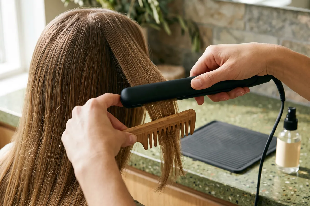 Two hands gliding an unbranded slim flat iron down a small section of straight light-brown hair with a wide-tooth comb just ahead, on a green terrazzo counter