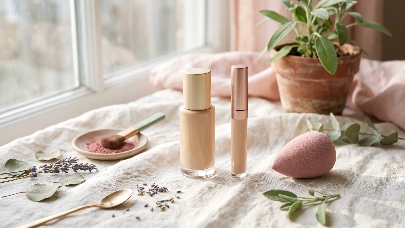 An unbranded liquid foundation bottle, a concealer wand and a pink blending sponge on ivory linen in soft morning light