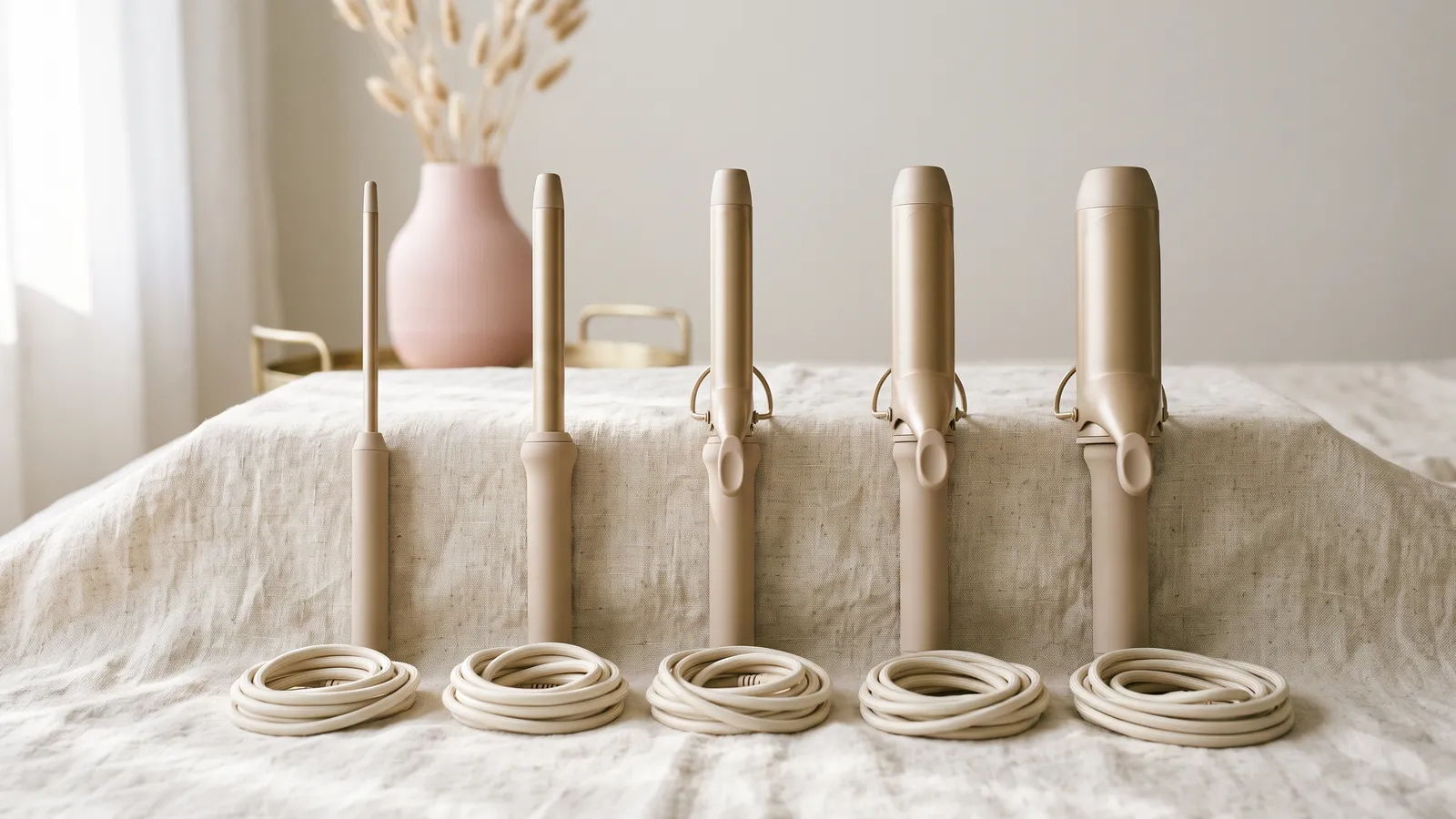 Flat lay of curling irons and wands in different barrel sizes, laid out from thinnest to thickest on an off-white surface