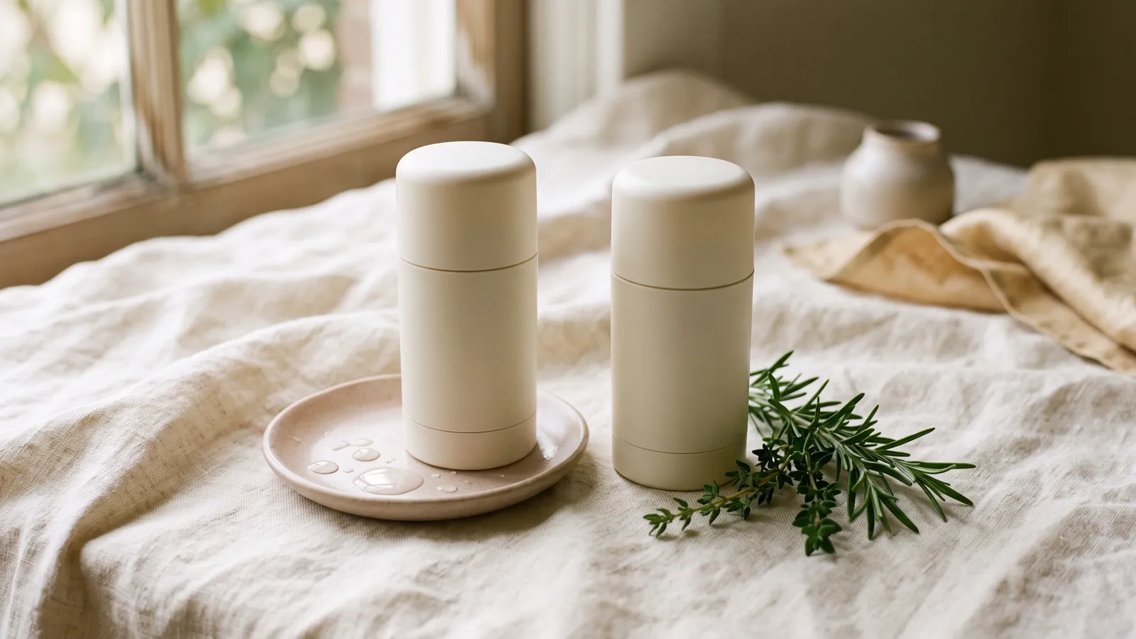 Two unbranded deodorant sticks side by side on ivory linen, one beside a small dish of water droplets and one beside a sprig of fresh green herbs