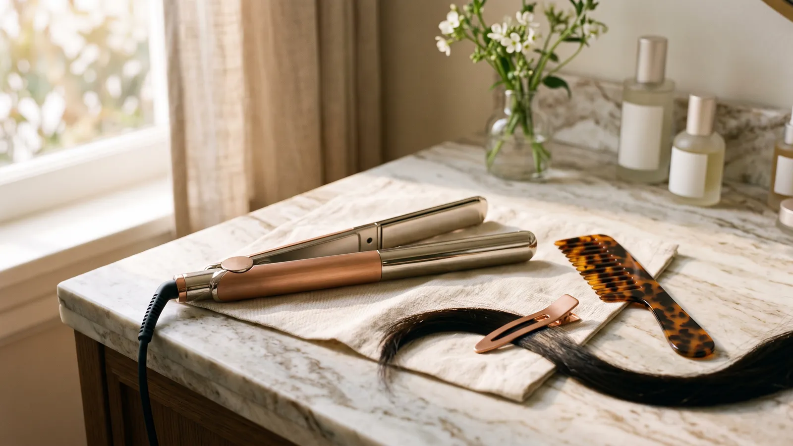An unbranded nickel and copper air straightener with two slim arms, slightly open on cream linen on a pale marble vanity, beside a wide-tooth comb, a hair clip and a glossy straight strand of hair