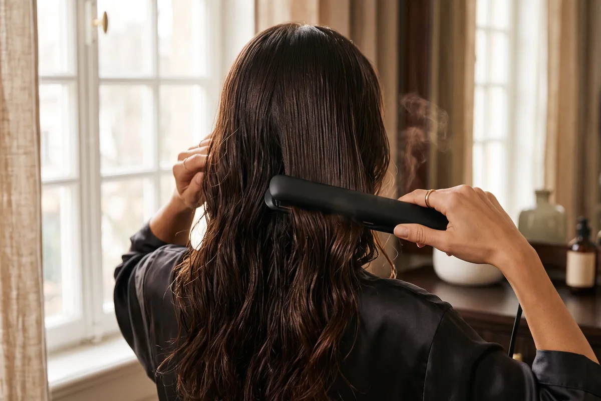 The back of a head of long glossy dark hair with one hand gliding a two-armed air straightener down a damp section, in warm window light