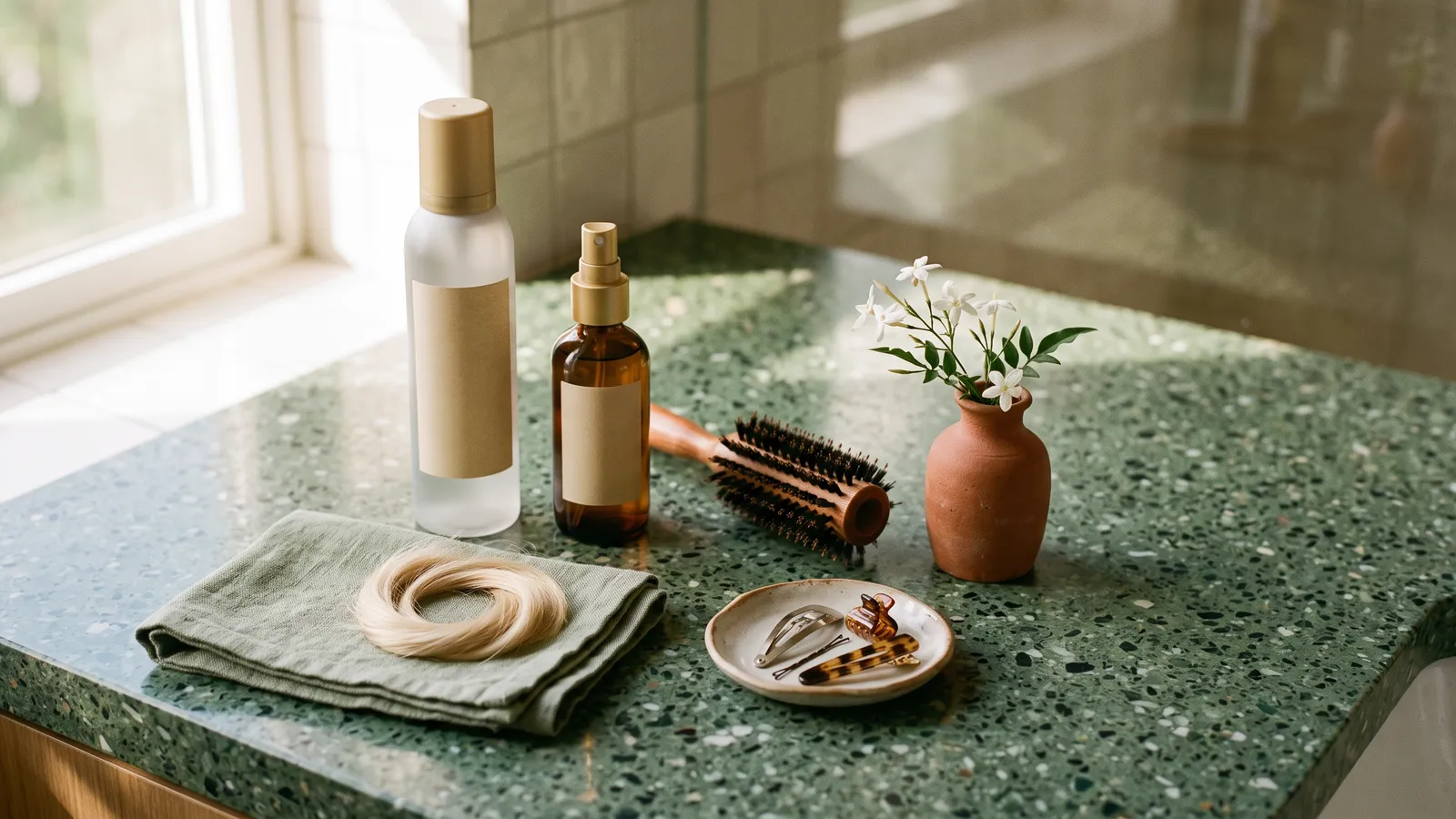 Unbranded mousse and spray bottles with a round brush on a green terrazzo bathroom counter in soft morning window light