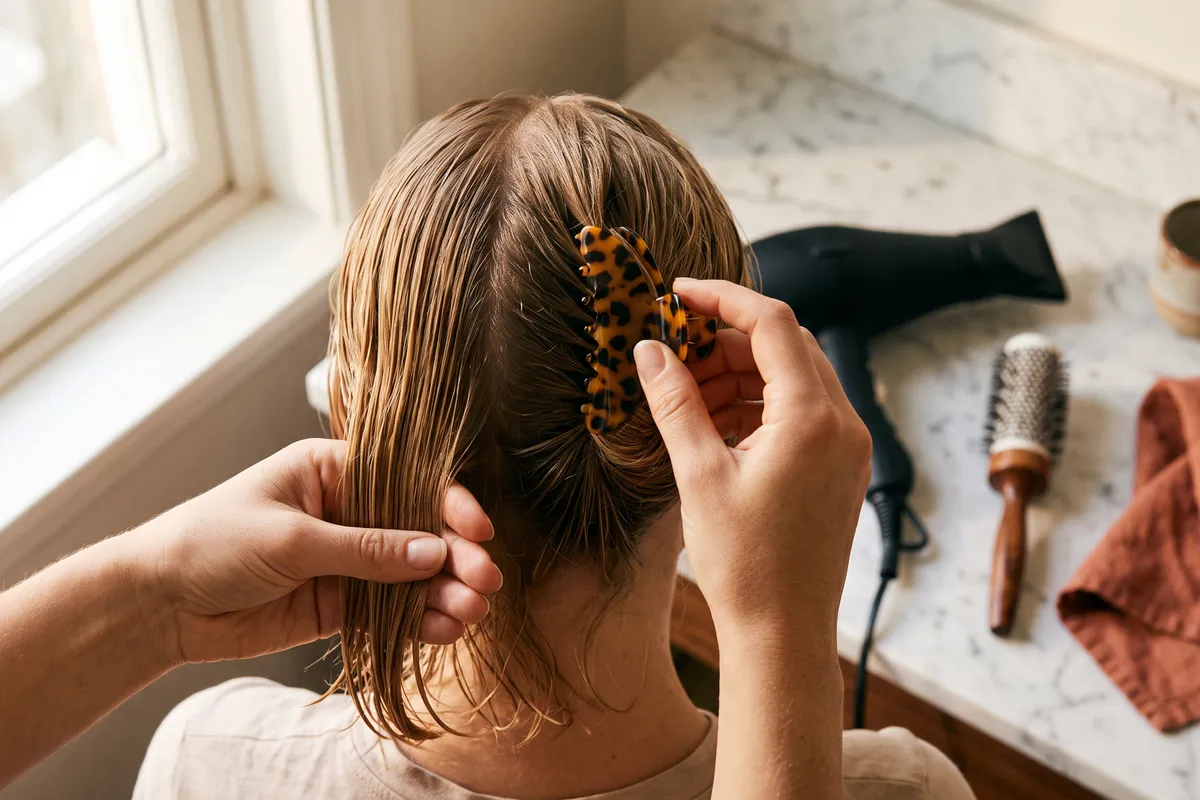 Hands sectioning damp fine hair with a clip beside a round brush, a hair dryer and a folded linen towel on a dressing table in morning light