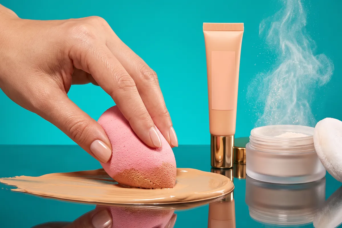 A hand pressing a damp makeup sponge onto a swatch of liquid concealer beside a peach color corrector and an open jar of loose powder against a bright turquoise backdrop
