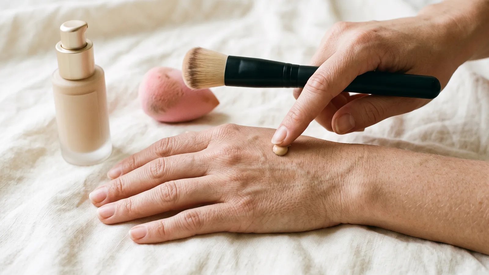 A hand dotting liquid foundation onto the back of the other hand beside an unbranded flat-top brush and a damp pink blending sponge on ivory linen