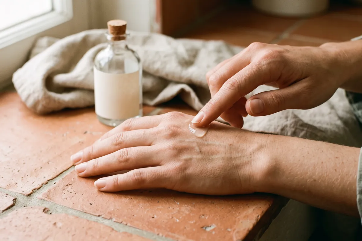 A fingertip patting clear gel primer onto the back of a hand beside a small glass bottle and a folded linen cloth on a terracotta tile counter