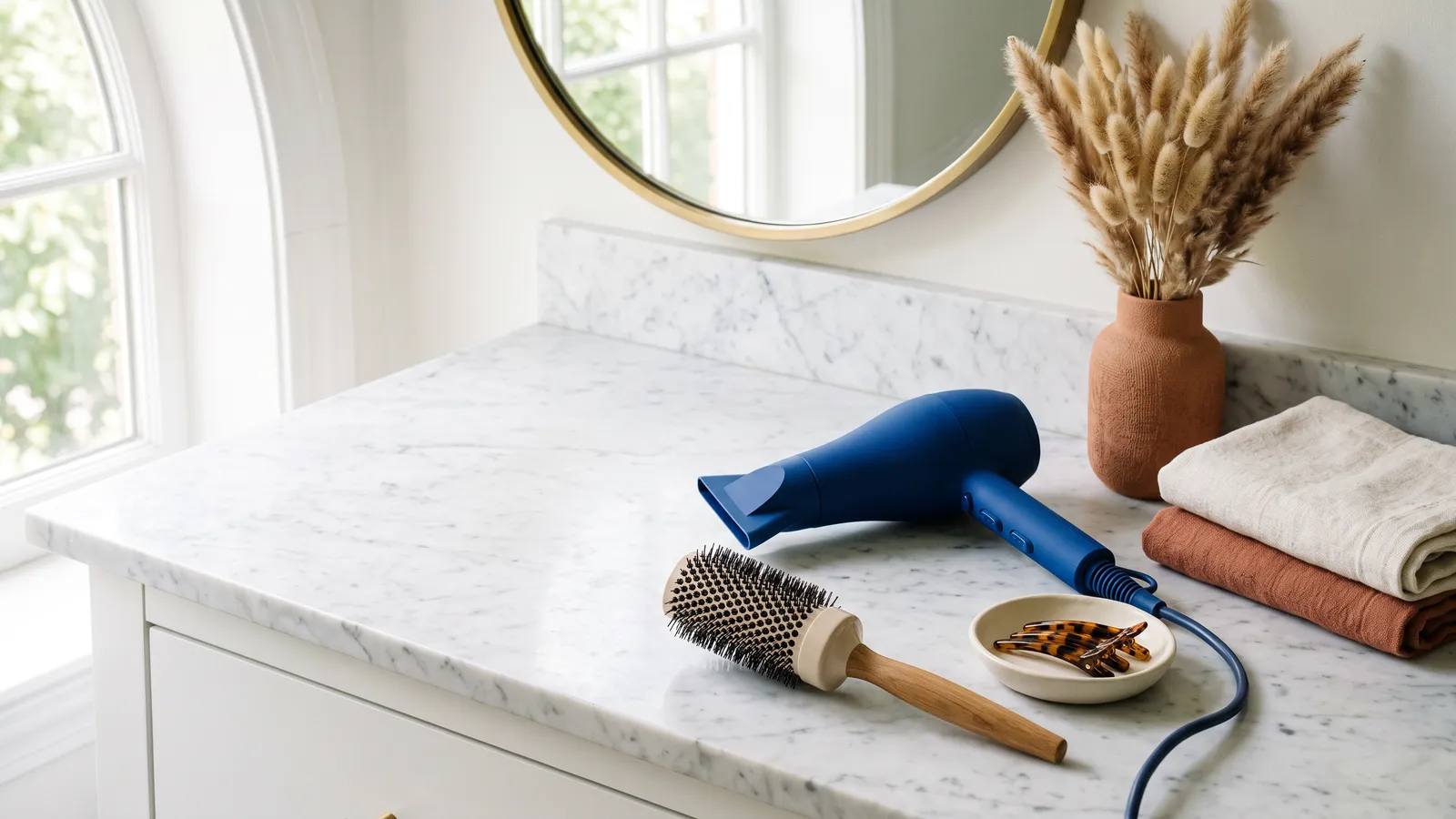 A ceramic round brush, a hair dryer with a nozzle and sectioning clips on a marble vanity beside a terracotta vase and folded towels