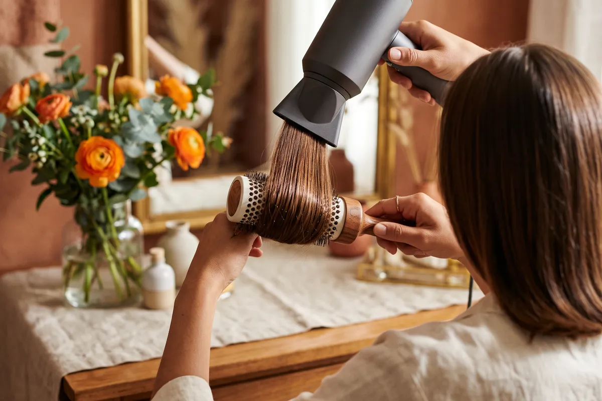 A hand holding a ceramic round brush wrapped with a smooth section of brown hair, a dryer nozzle aimed down the hair, on a dressing table with a vase of flowers