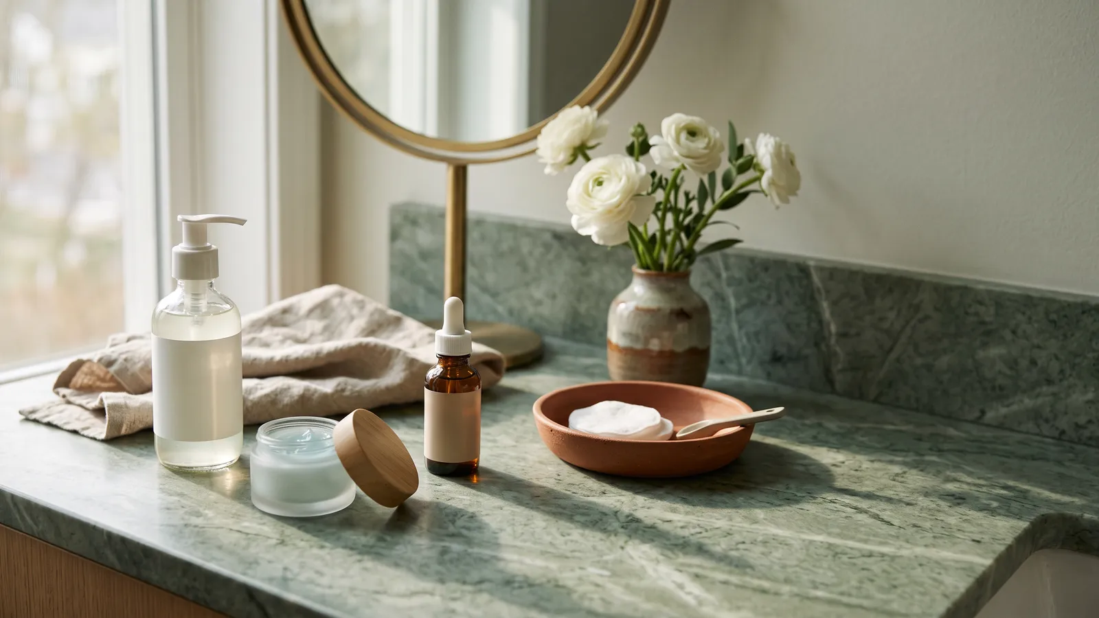 A gel cleanser, a small jar of gel moisturizer and a glass bottle of exfoliant on a sage-green marble bathroom counter in soft morning window light, with a folded linen towel and a ceramic dish