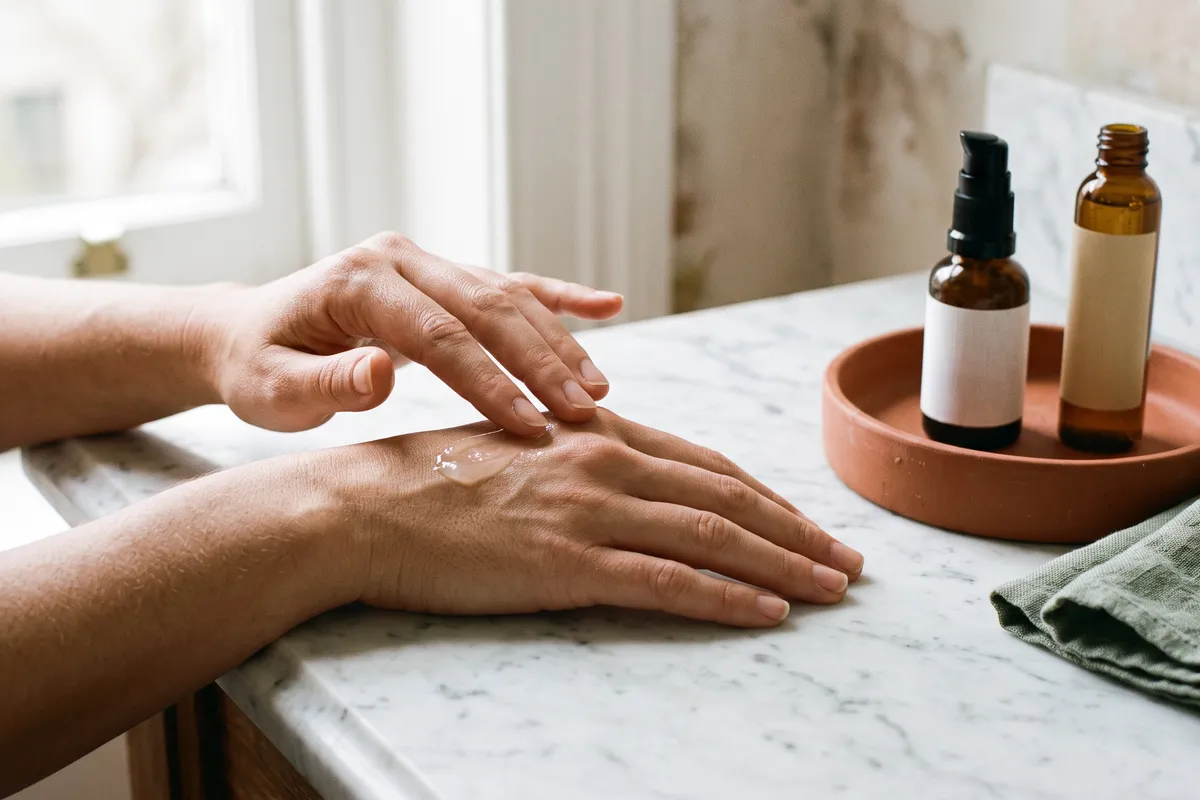 A hand smoothing a light gel moisturizer onto the back of the other hand beside a terracotta ceramic dish holding a gel cleanser and an exfoliant bottle on a marble vanity in window light