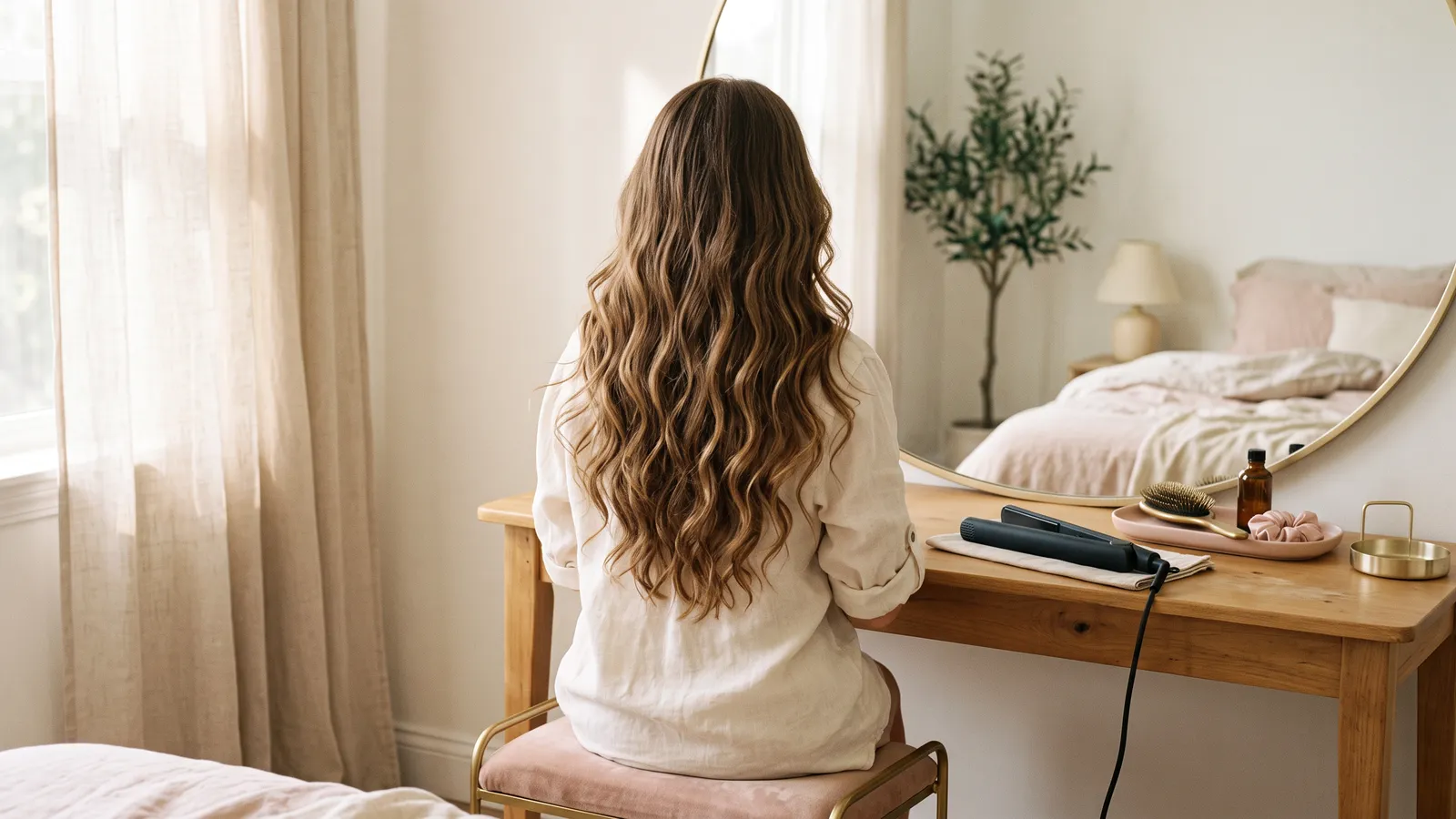 Flat lay of a slim flat iron with rounded edges, sectioning clips, a wide-tooth comb and an unlabeled spray bottle on pale linen