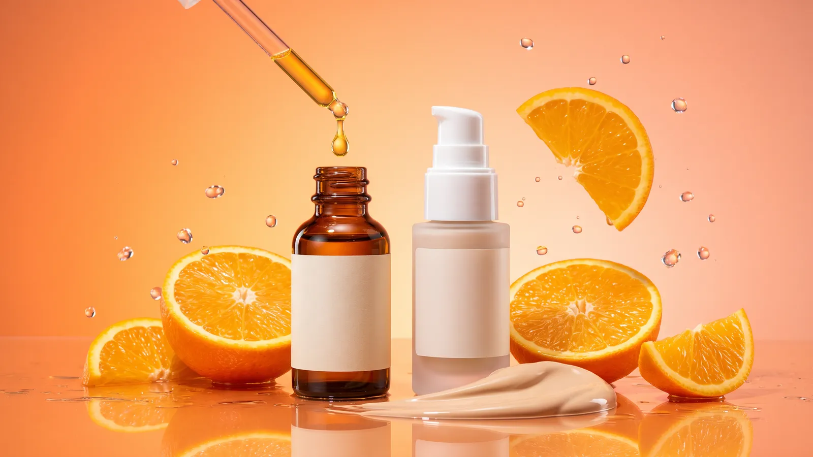 Unbranded amber glass serum bottle with a dropper, a dewy drop of tinted sunscreen and halved oranges on a glossy surface against a tangerine-to-peach backdrop