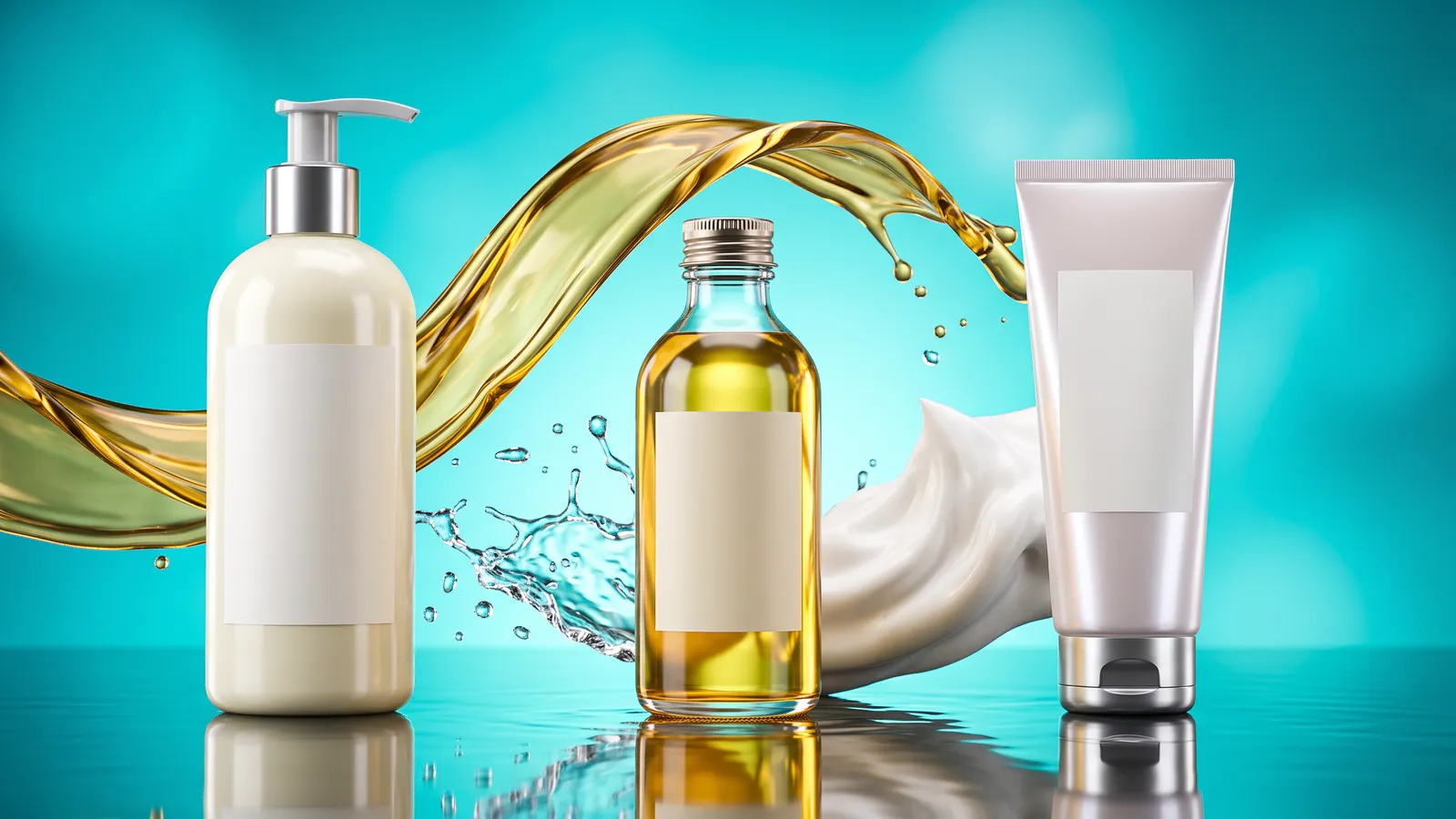 Unbranded body wash, body oil and lotion bottles on a glossy surface against a bright turquoise backdrop, with a golden oil splash and water droplets