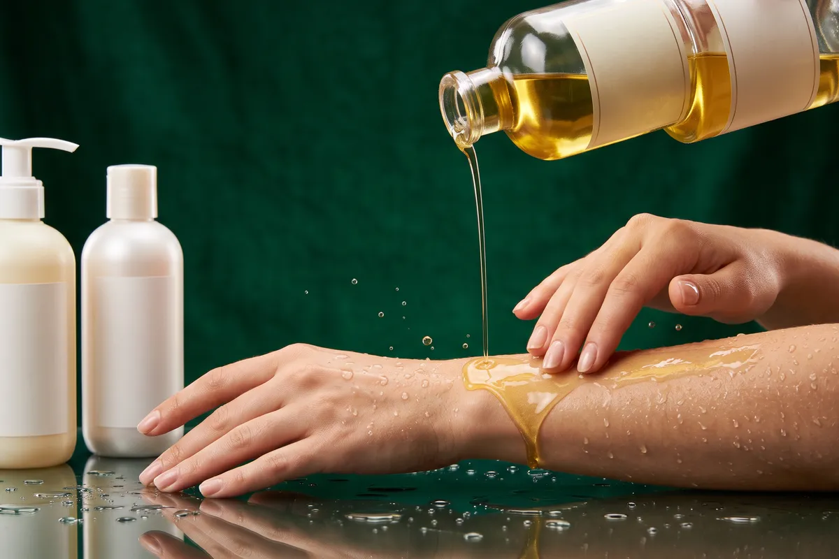 A hand smoothing golden body oil onto a damp forearm covered in water droplets, beside unbranded body wash and lotion bottles on an emerald green backdrop