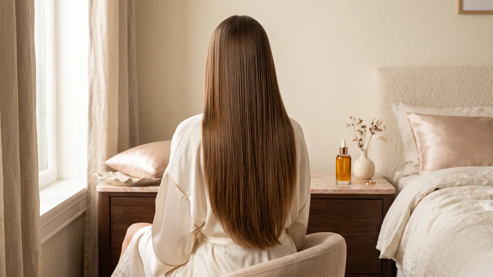 Flat lay of a microfiber hair towel, wide-tooth comb, small dropper bottle and a satin pillowcase on pale linen