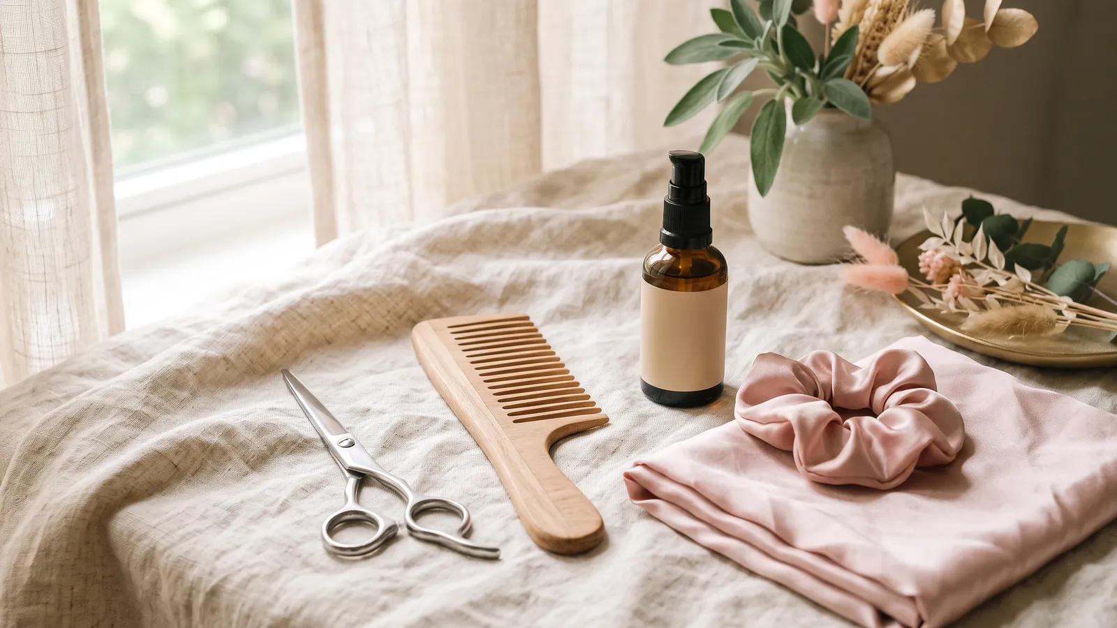Hair-cutting shears beside a small curl of snipped hair ends, a wide-tooth comb, an unlabeled dropper bottle and a satin pillowcase on ivory linen