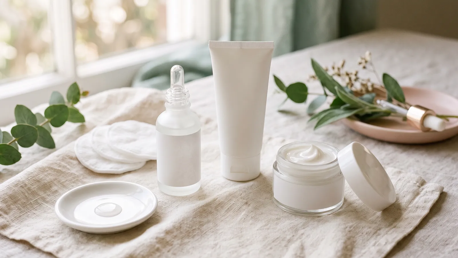 Unbranded gel cleanser, liquid exfoliant with cotton pads, dropper serum and lotion pump arranged on ivory linen