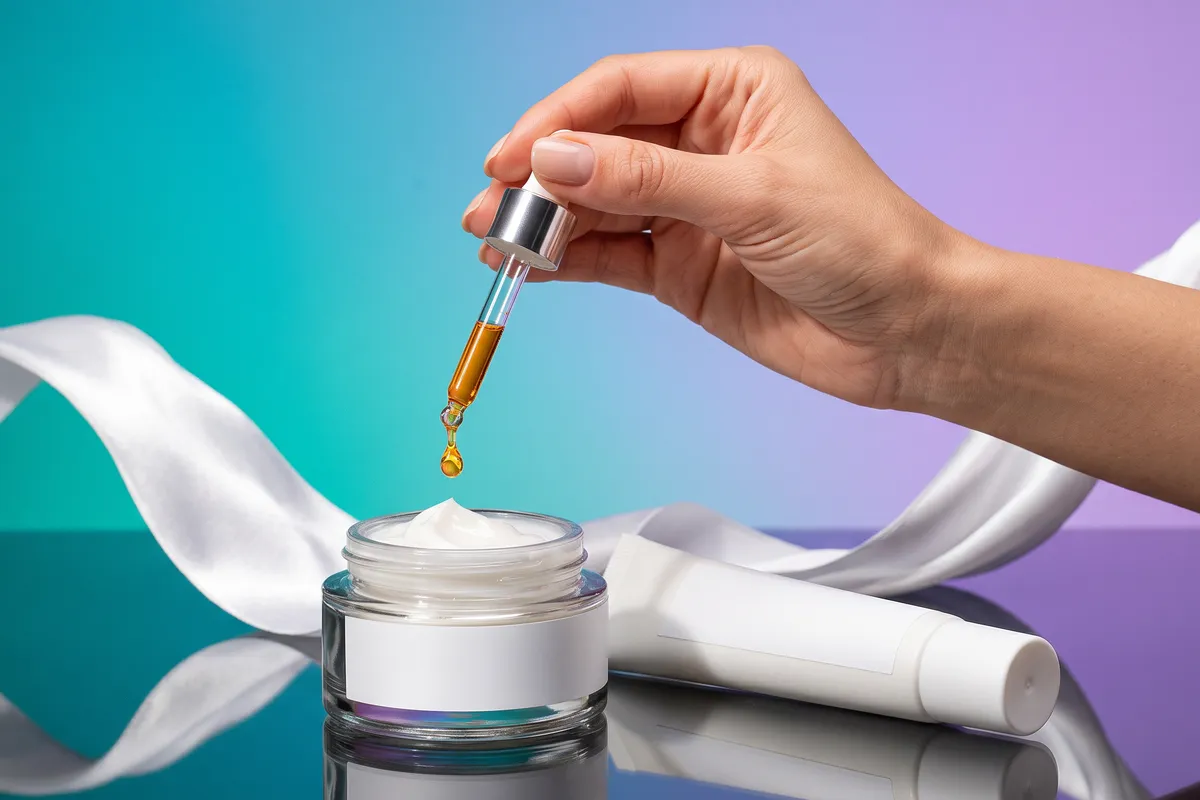 A hand holding a glass dropper of amber retinol serum above an open jar of glossy white cream and a sunscreen tube, with a ribbon of silk behind, on a teal to lilac backdrop