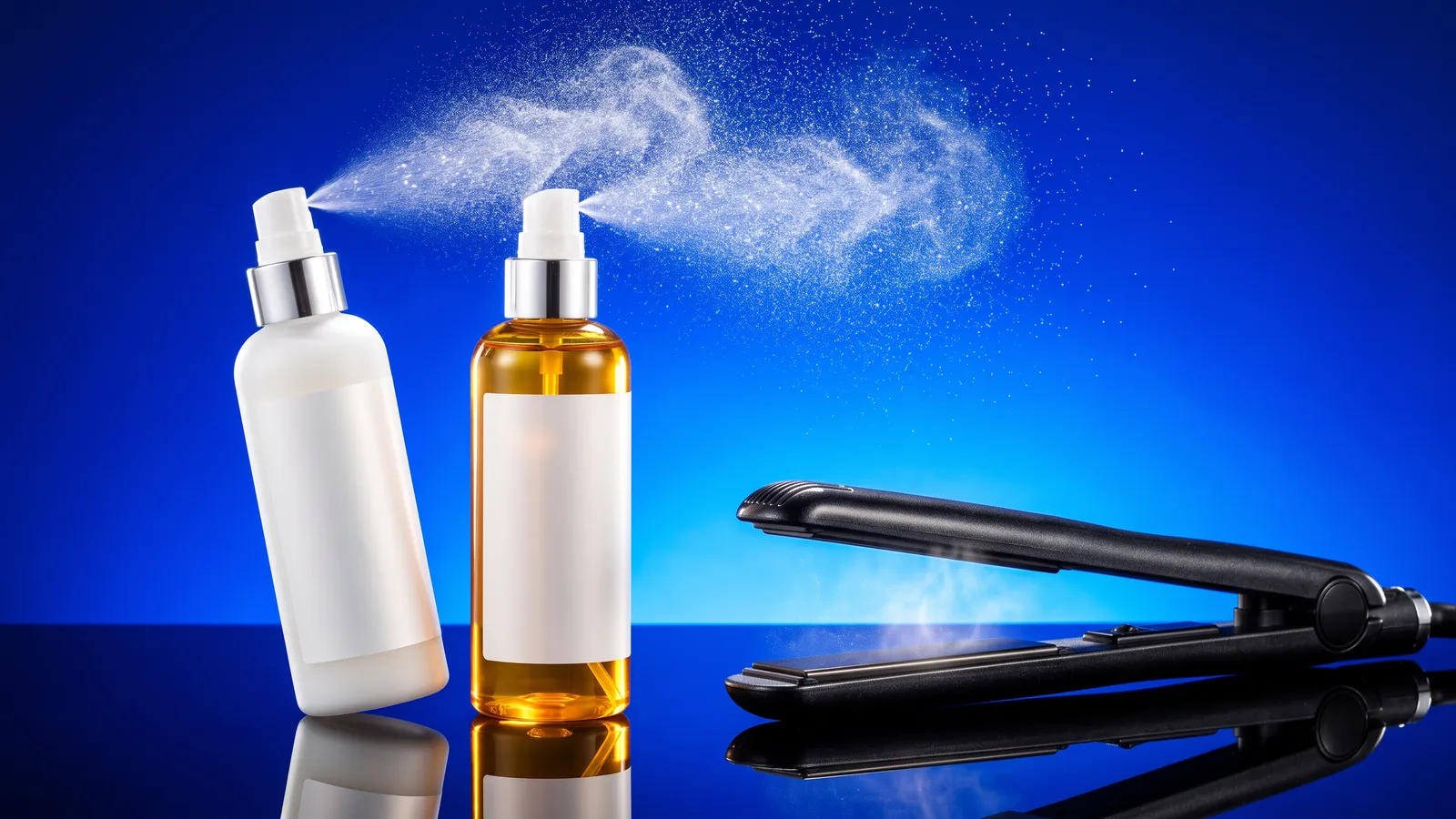 Unbranded heat protectant spray bottles releasing a fine mist beside a sleek flat iron on a glossy surface against a bright cobalt backdrop