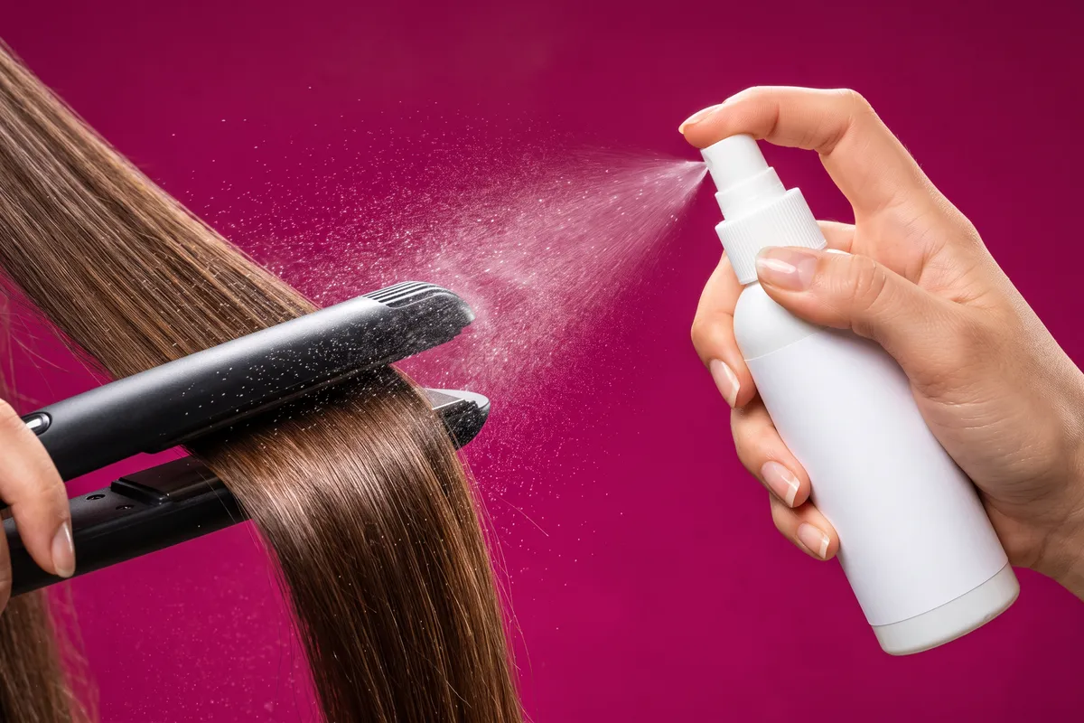 A hand misting an unbranded heat protectant spray over a sleek section of hair held in a flat iron, fine mist catching the light against a bright magenta backdrop