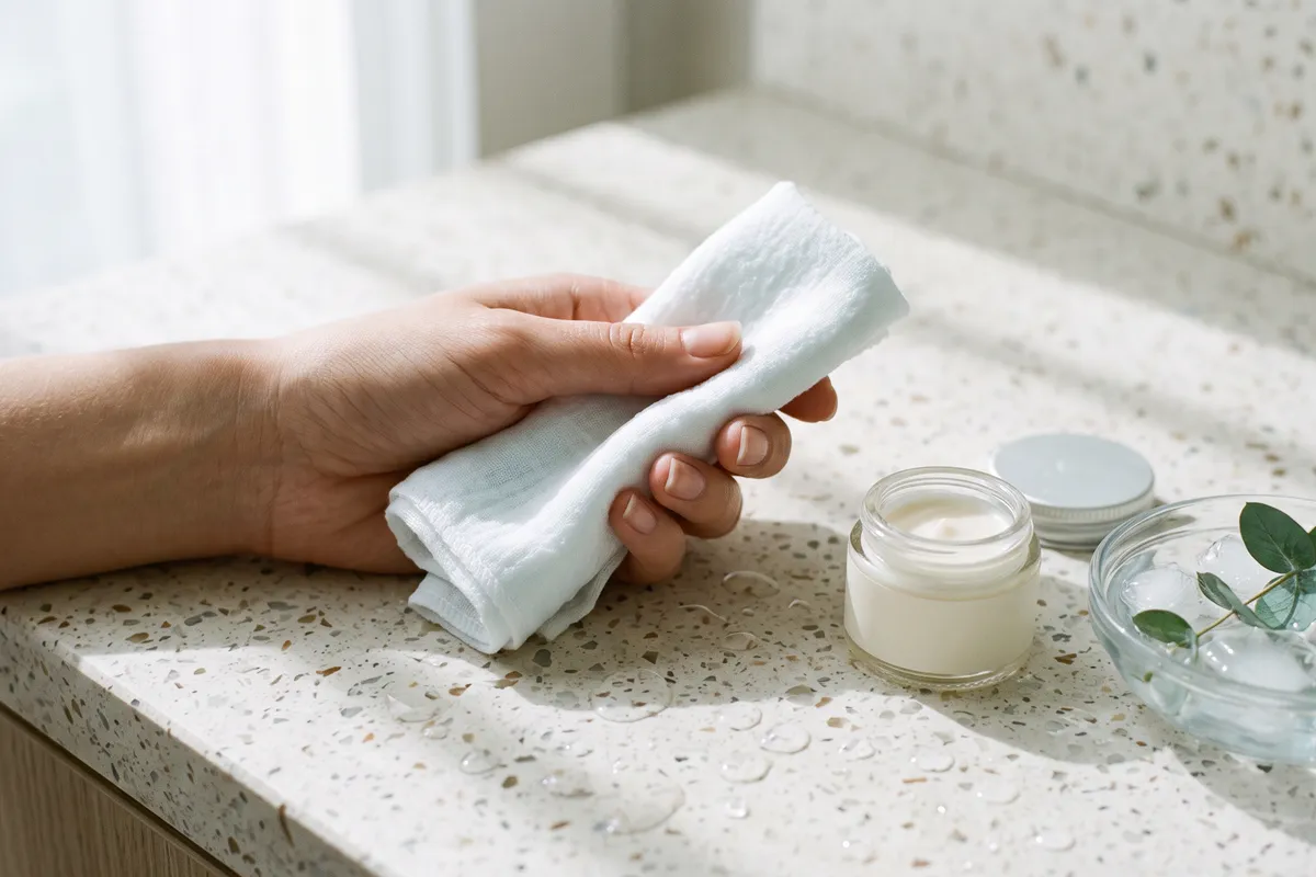 A hand holding a folded cool damp washcloth beside a small open jar of eye cream and a glass dish of ice on a terrazzo vanity in soft morning light
