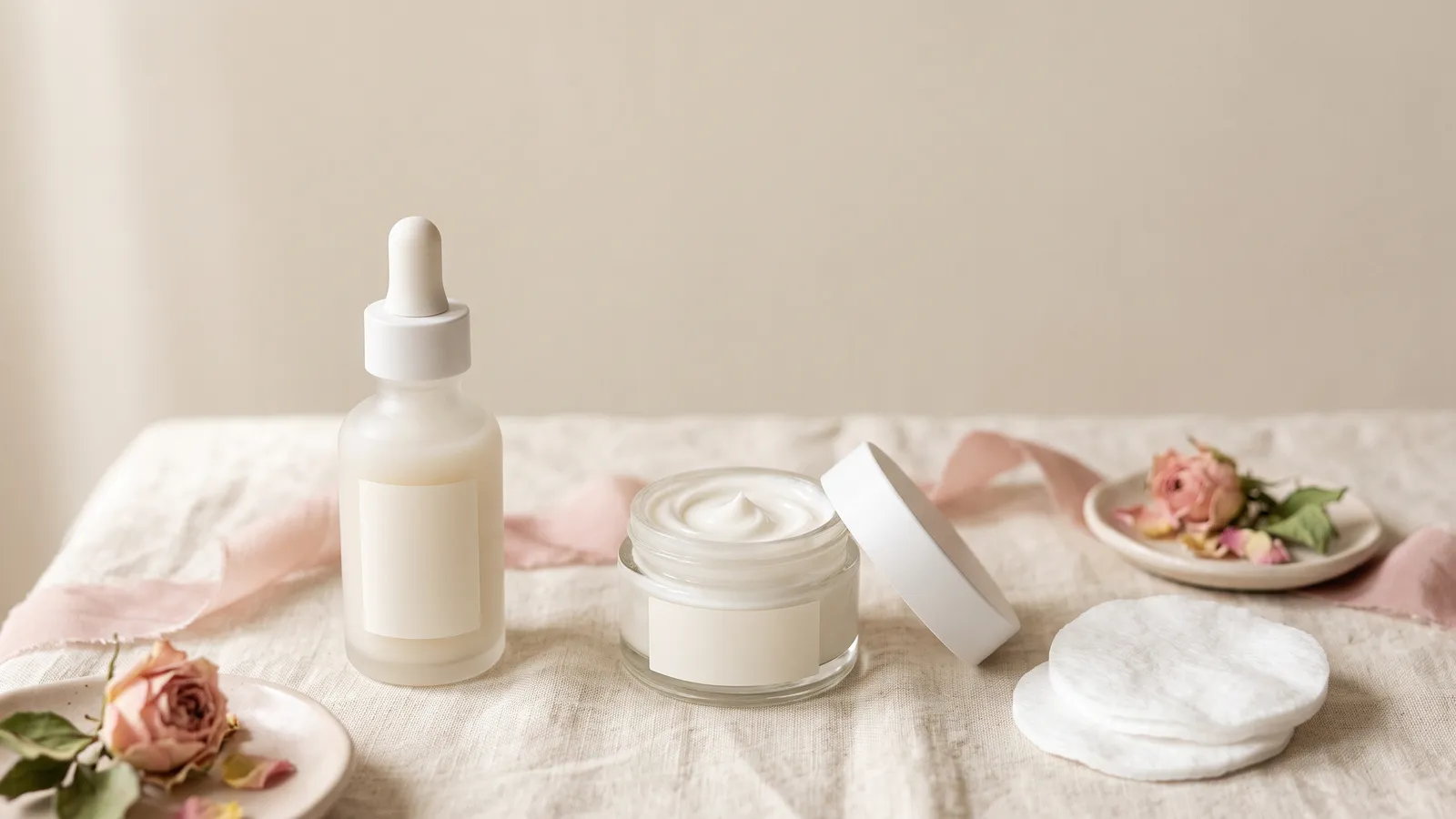A small tub of clear petroleum jelly, cotton pads, cotton swabs, a folded white washcloth and an unbranded cleanser bottle on ivory linen