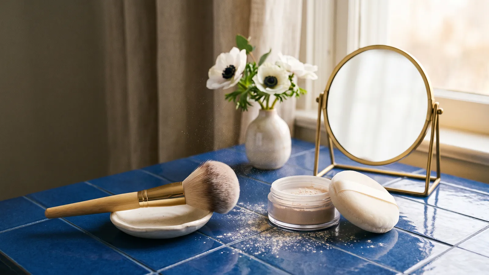An open jar of loose translucent powder with a velour puff and a fluffy brush on a cobalt tiled dressing table in warm morning light