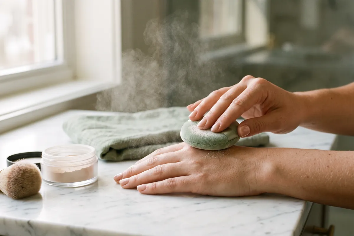 A hand pressing a velour puff dusted with translucent powder onto the back of the other hand beside an open powder jar and a fluffy brush on a marble counter