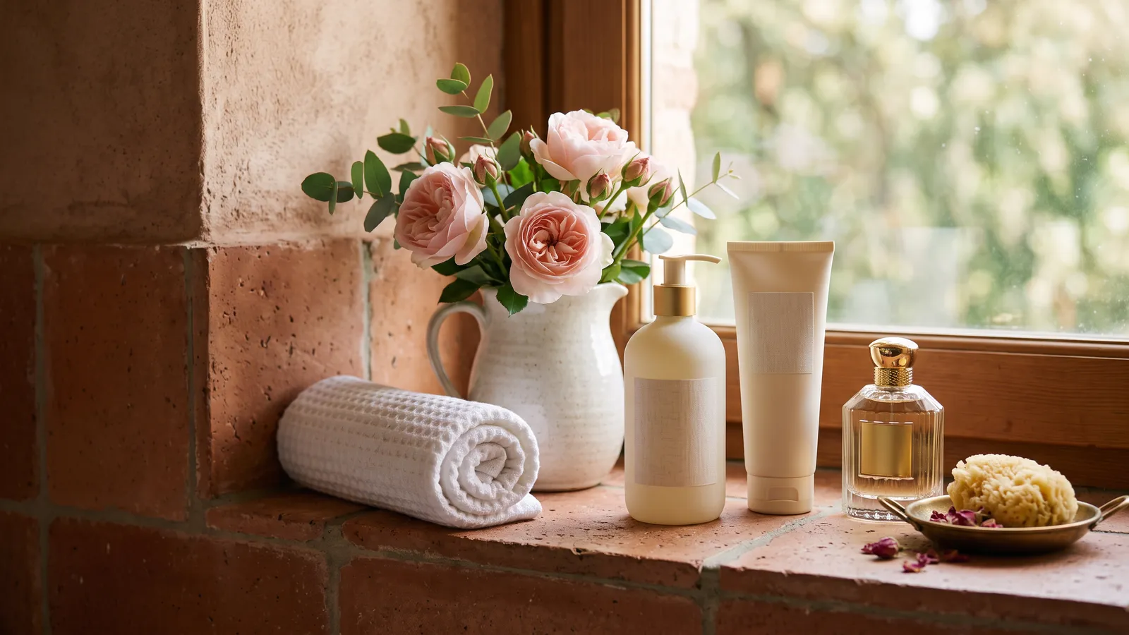Shower gel, body lotion and a glass perfume bottle on a warm terracotta-tiled bathroom shelf in late morning light, with a rolled white towel, a vase of garden roses and a small brass dish