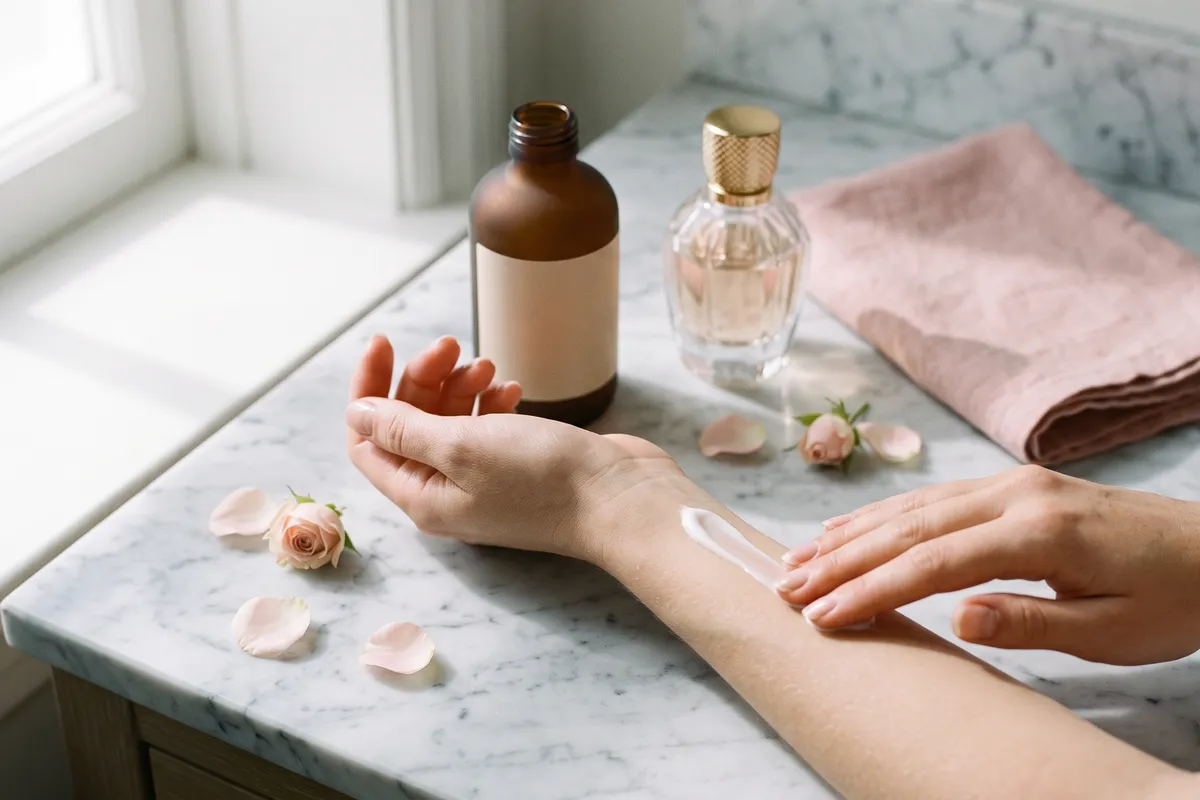 A hand smoothing body lotion onto a forearm beside an open shower gel bottle, a glass perfume bottle and a folded towel on a marble vanity in soft morning window light