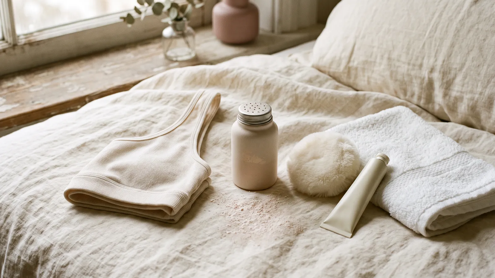 A soft cotton bralette folded on ivory linen beside an unbranded powder shaker, a powder puff and a small cream tube