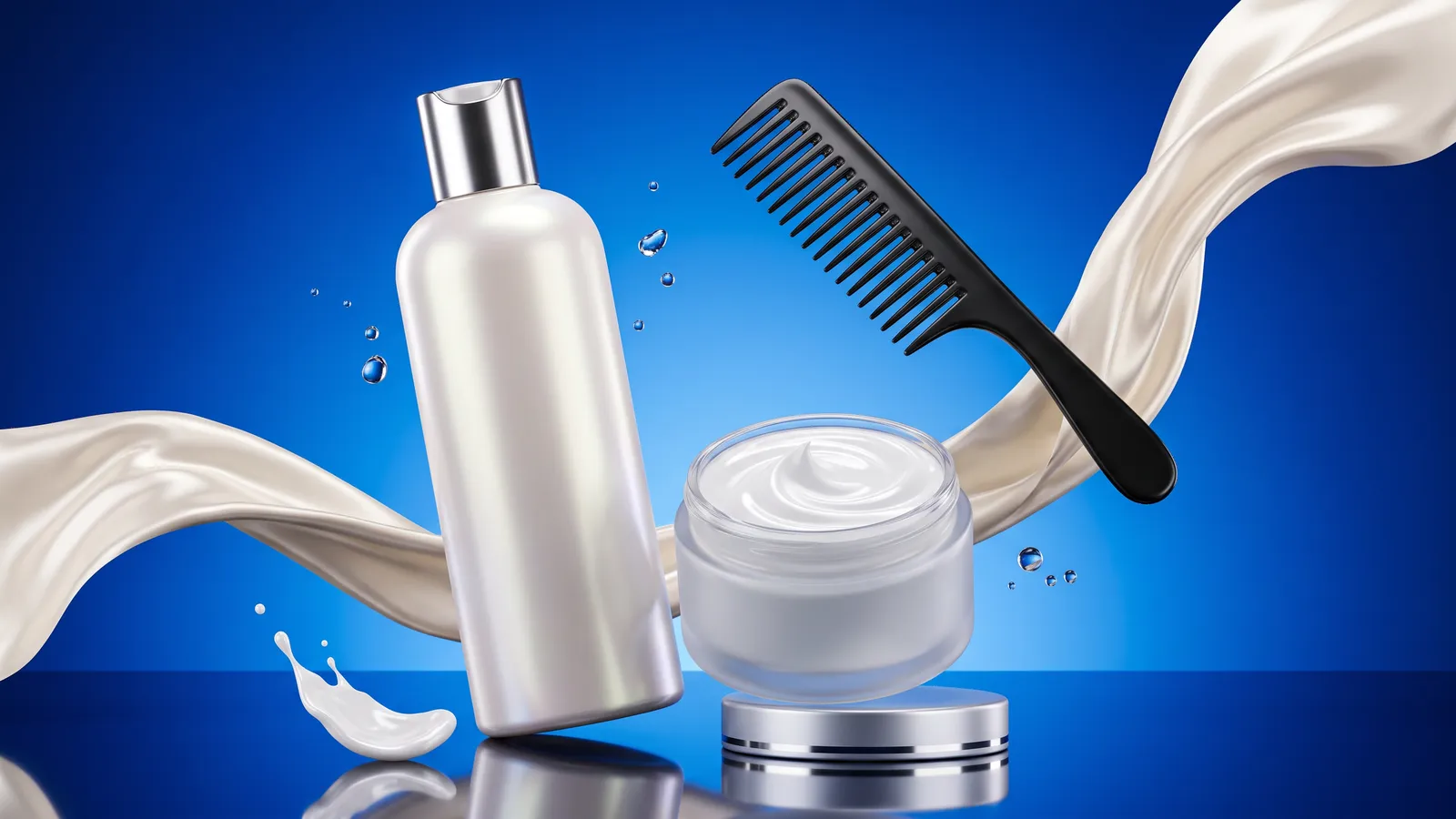 An unbranded smoothing cream jar and shampoo bottle with a satin scarf ribbon and a wide-tooth comb floating against a saturated cobalt blue backdrop