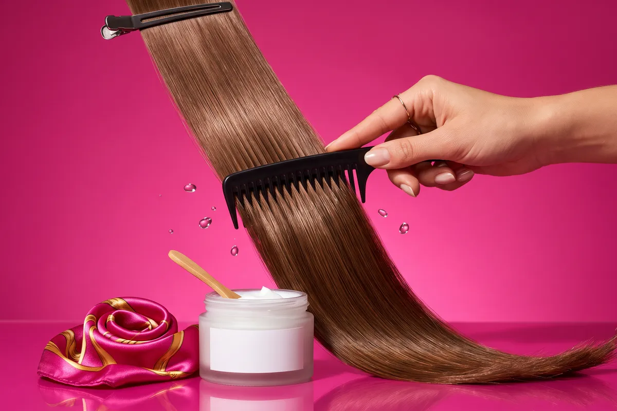 A hand drawing a wide-tooth comb down a long, glossy, straight hair swatch beside an unbranded smoothing cream jar and a coiled satin scarf on a saturated fuchsia backdrop