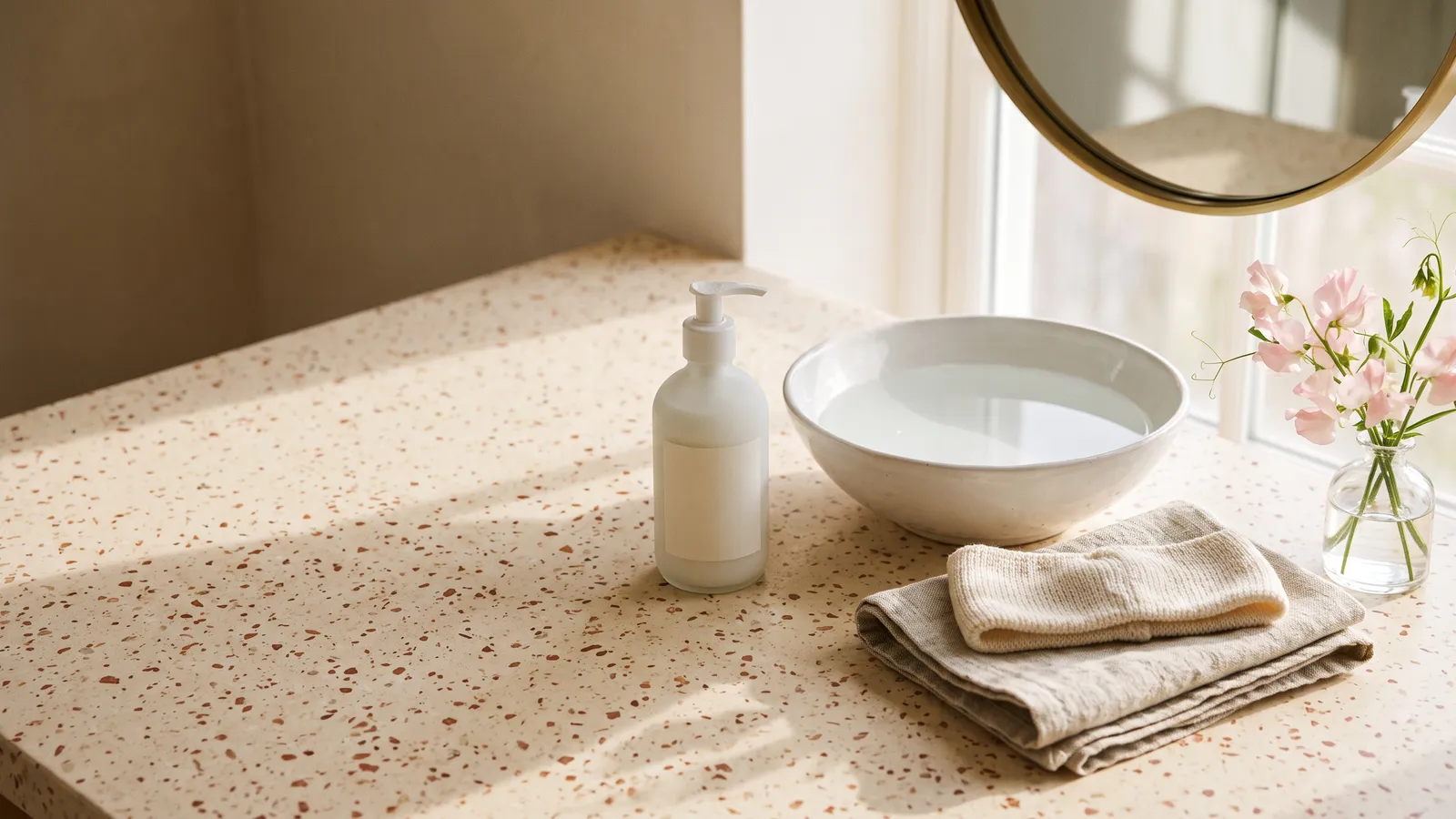 A white ceramic basin of water on a terrazzo bathroom counter in soft morning window light, with an unbranded pump cleanser, a folded towel and a small vase of flowers