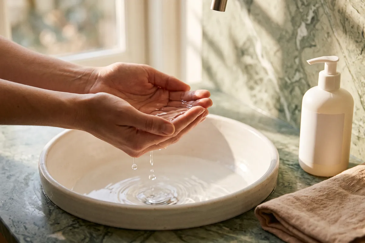 Two hands cupping lukewarm water over a white ceramic basin beside an unbranded pump cleanser and a folded linen towel on a sage marble counter in soft window light