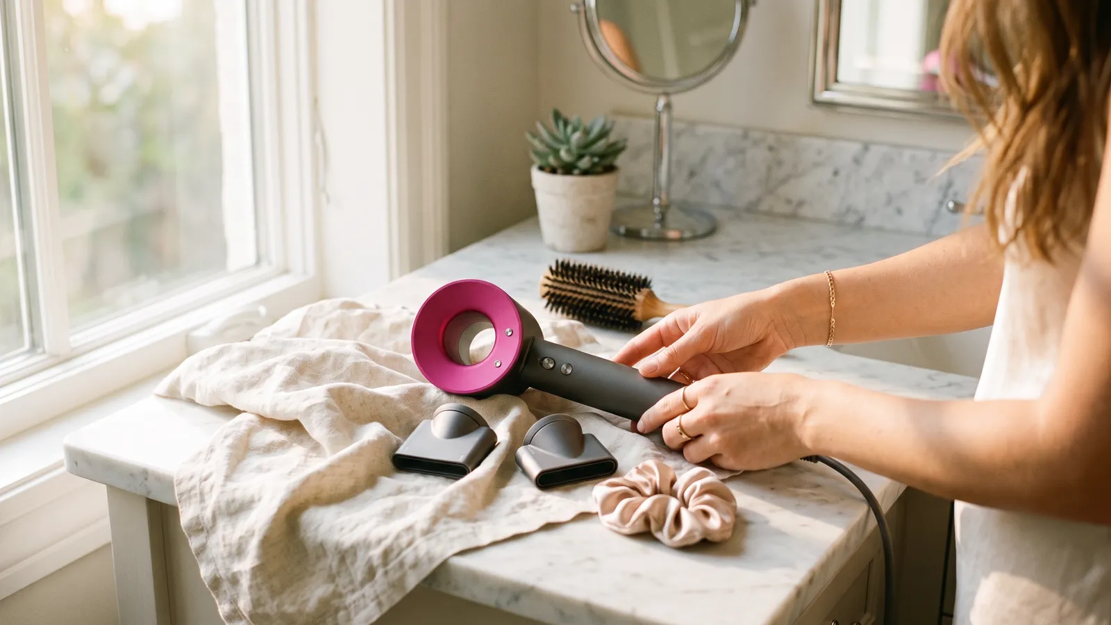 An unbranded fuchsia and gray ring-headed hair dryer resting on cream linen on a pale marble vanity, beside its magnetic attachments, a round brush and a silk scrunchie in morning window light