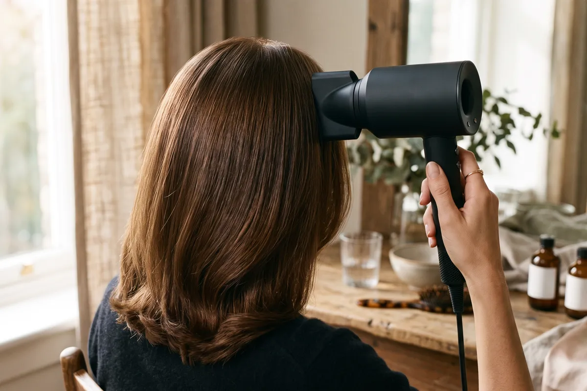 The back of a head of glossy blow-dried brown hair with one hand holding a ring-headed hair dryer and smoothing nozzle at the roots, in warm window light