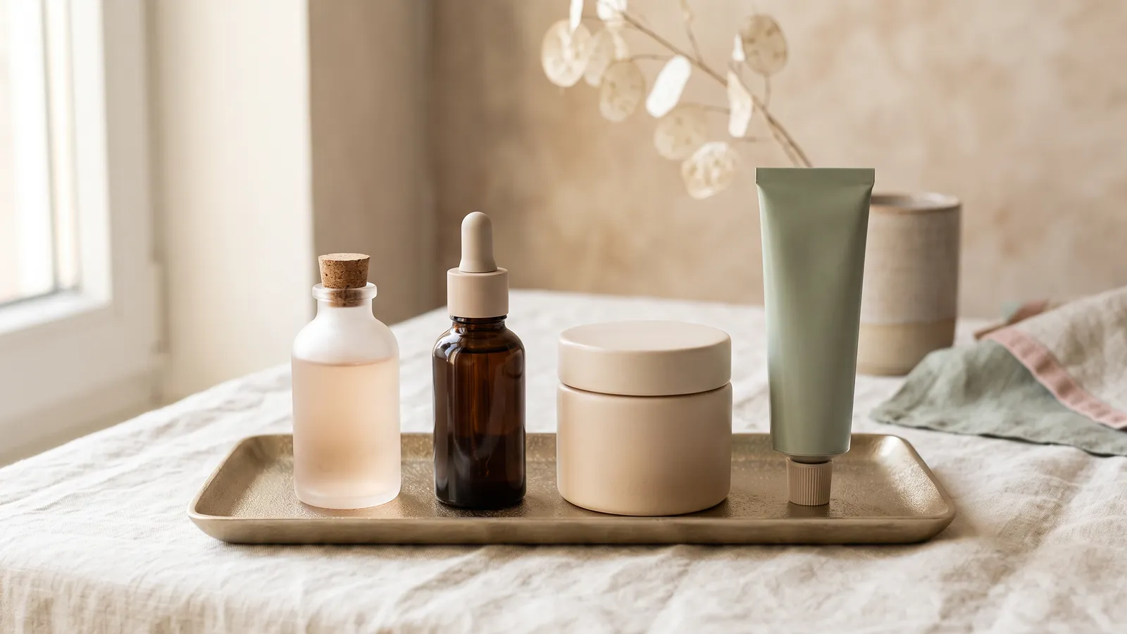 Unbranded cleanser, serum, moisturizer and sunscreen containers lined up in application order on ivory linen