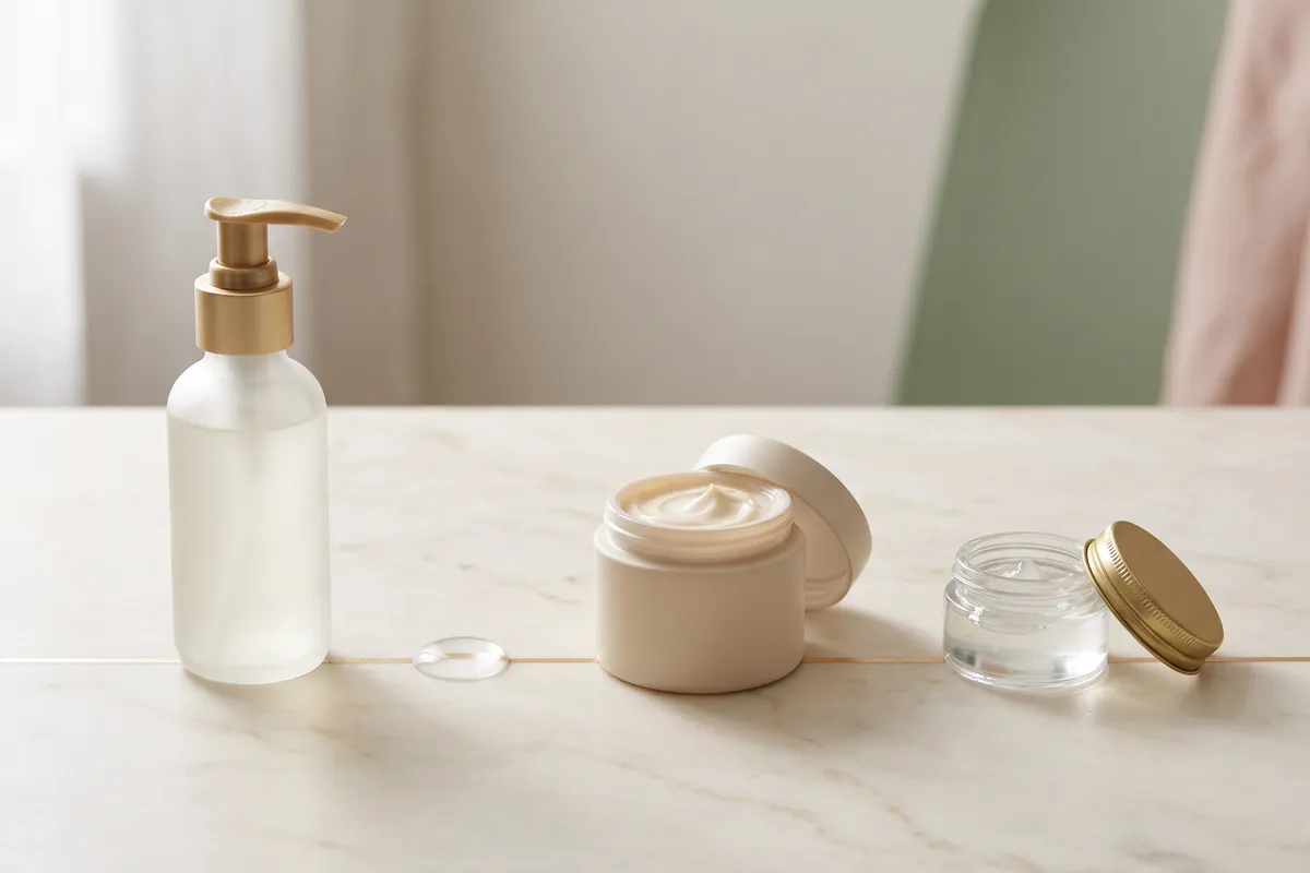 Three-step barrier routine on ivory linen, left to right: a pump cleanser beside a water droplet, an open cream jar, and a small tub of clear ointment, joined by a thin champagne line