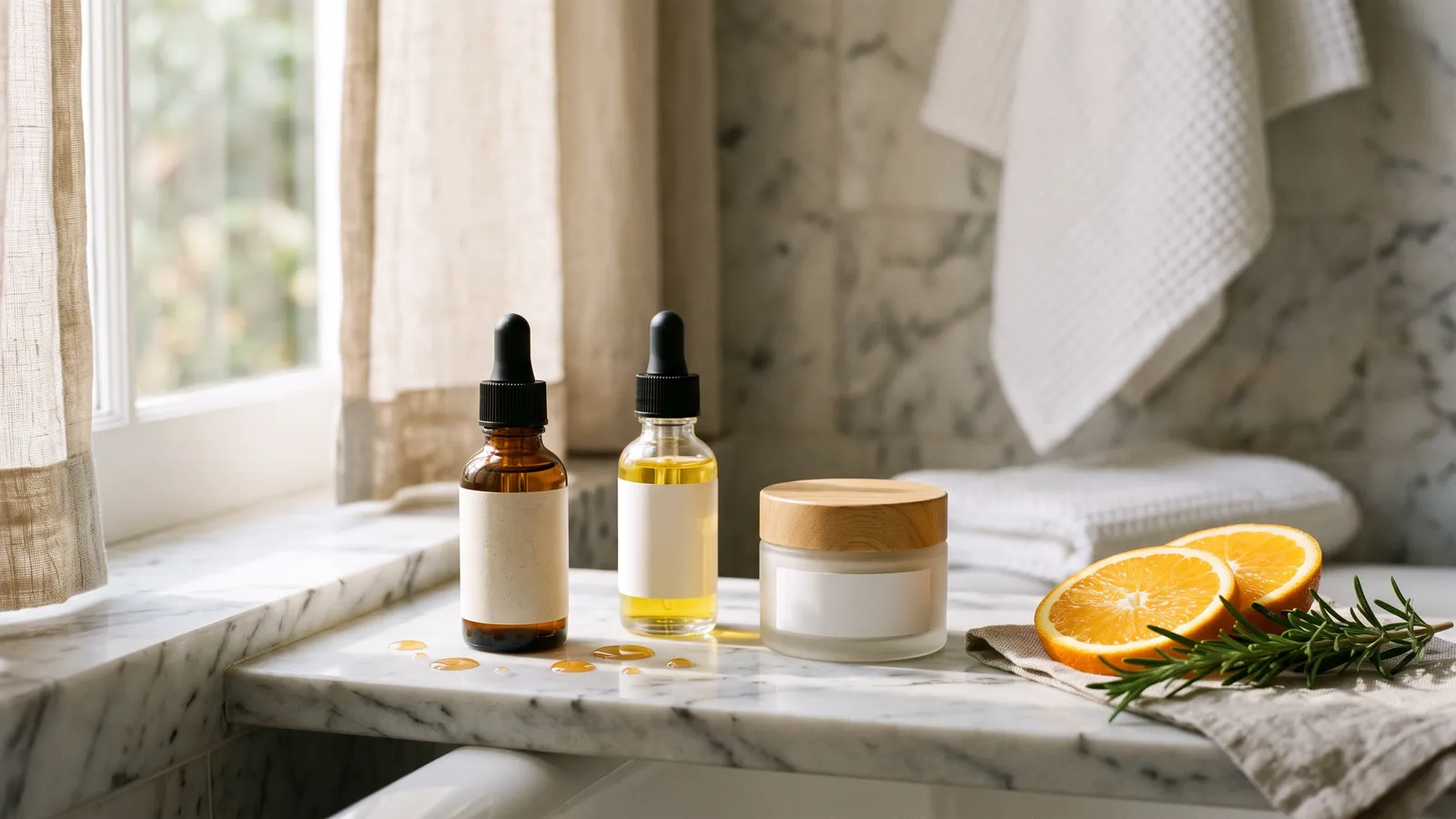 A small amber glass dropper bottle with a blank label beside a clear dropper bottle and a frosted moisturizer jar on a pale marble shelf, with sliced oranges, rosemary and drops of serum
