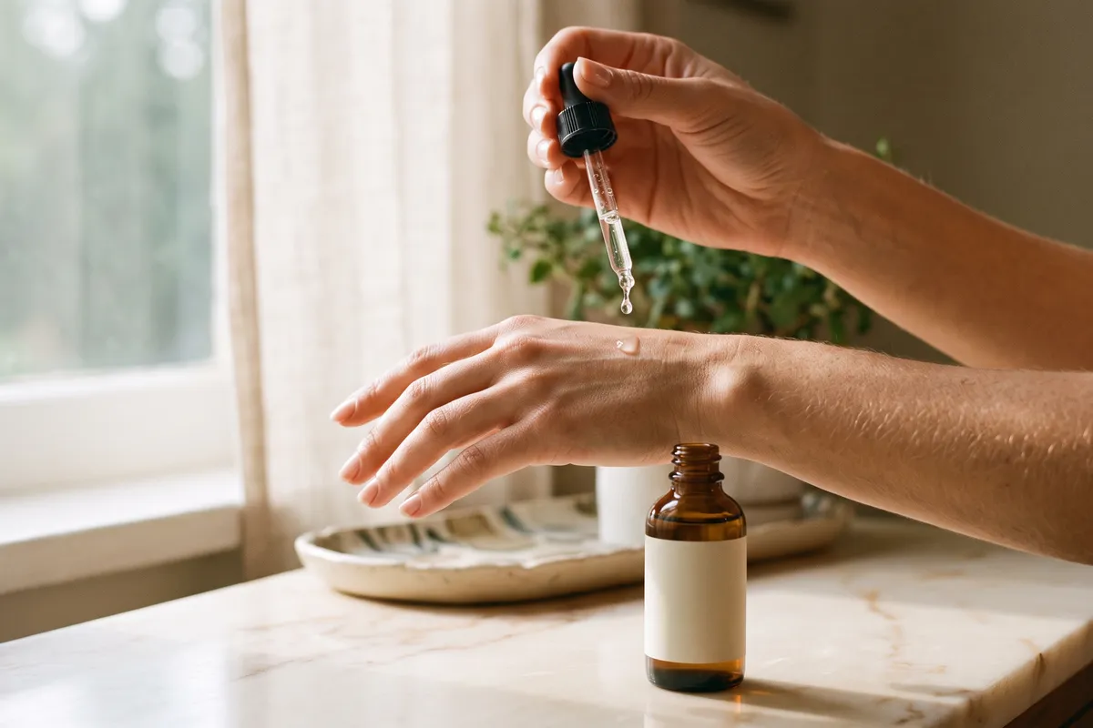 One hand holding a glass dropper over the back of the other hand with a single drop of clear serum falling, an amber dropper bottle on marble below