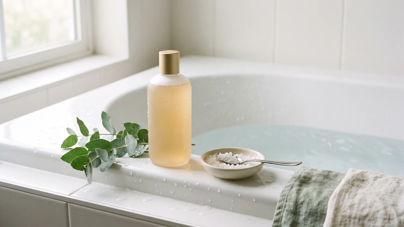 Unbranded clear and pale-green shampoo bottles on a white tile ledge beside a glass of water, a wide-tooth comb and a small dish of foam