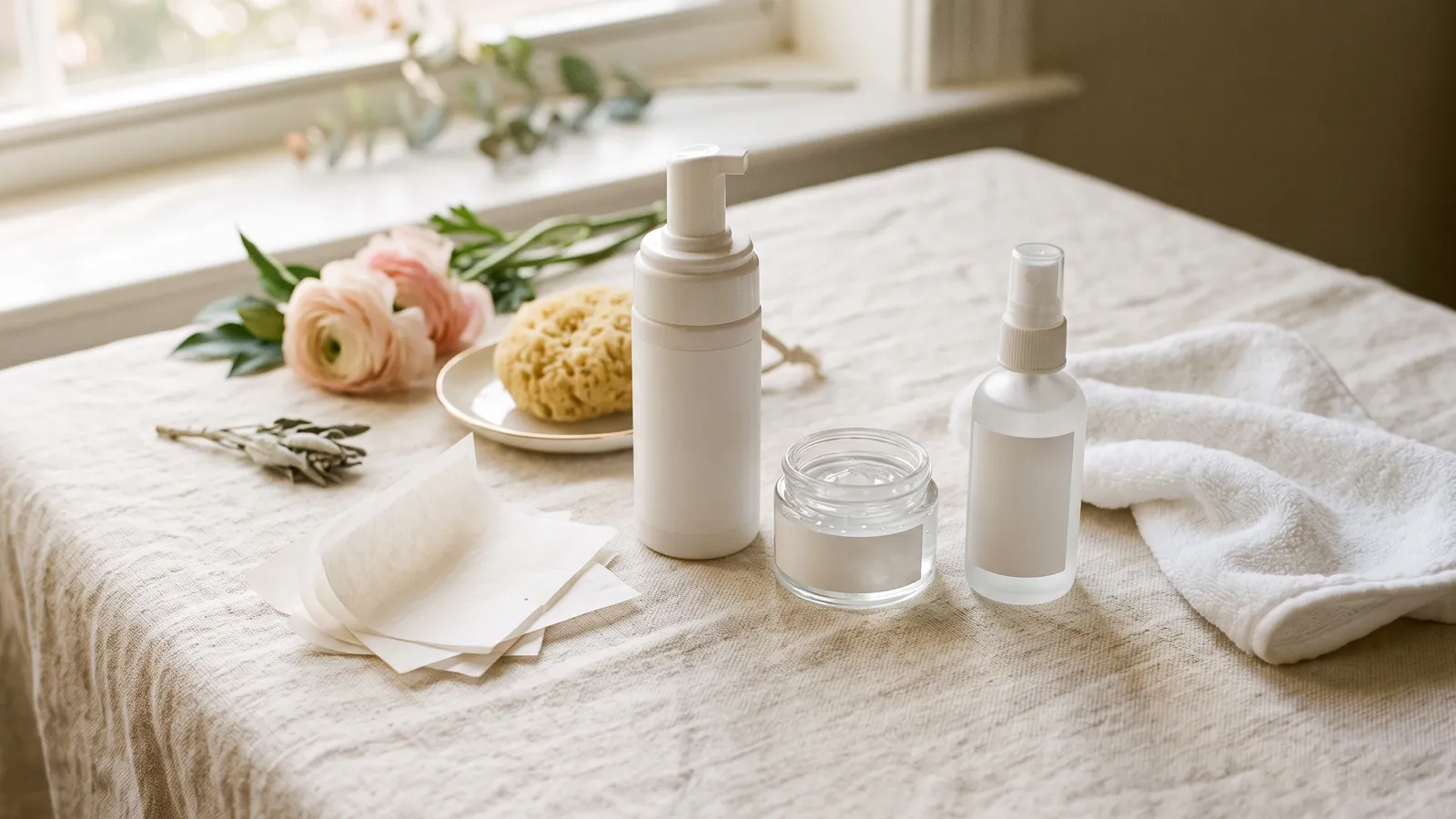 An unbranded foaming cleanser pump, a clear gel moisturizer jar and a fan of translucent blotting sheets on ivory linen