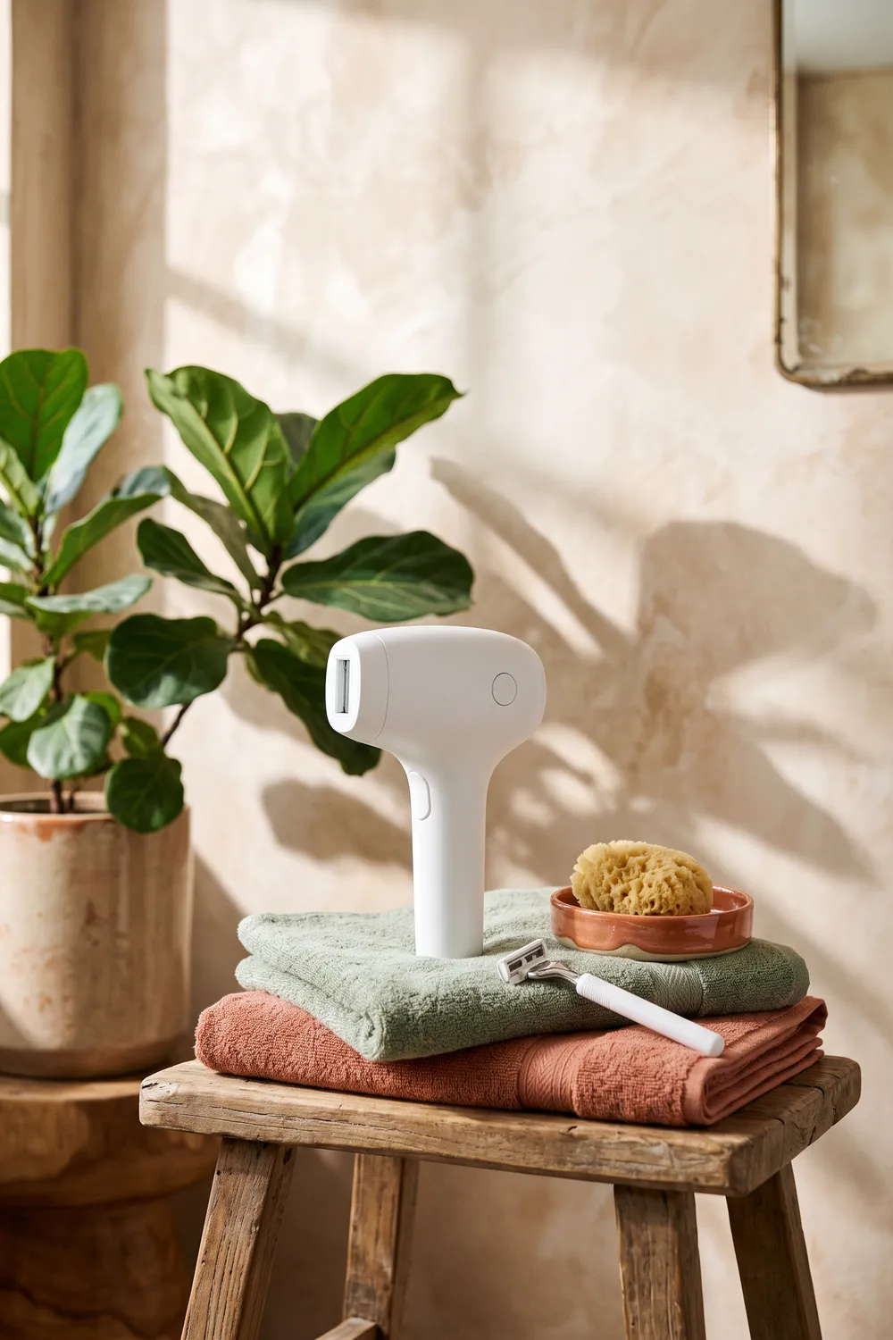 A sleek white handheld IPL hair removal device resting on a folded terracotta linen towel on a warm travertine bathroom counter in morning window light, beside a razor and a ceramic cup