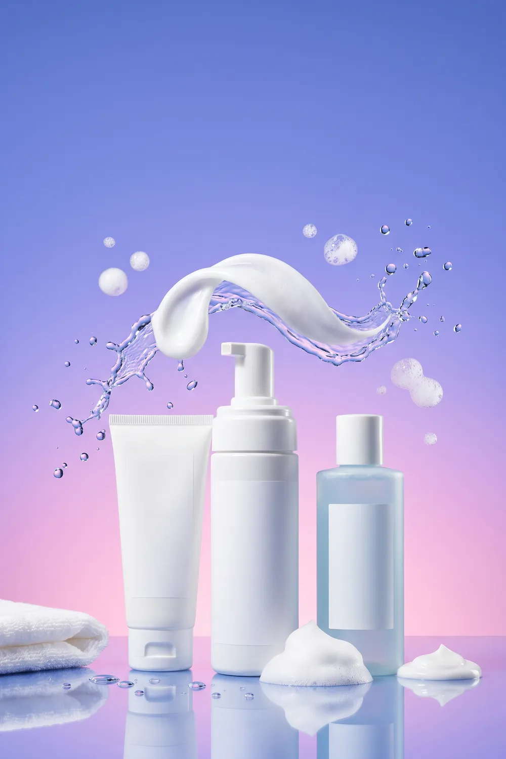 Unbranded white pump bottles and tubes of gentle face cleanser on a glossy surface against a soft aqua and lilac gradient, with a ribbon of white cream cleanser and clear water droplets in mid-air
