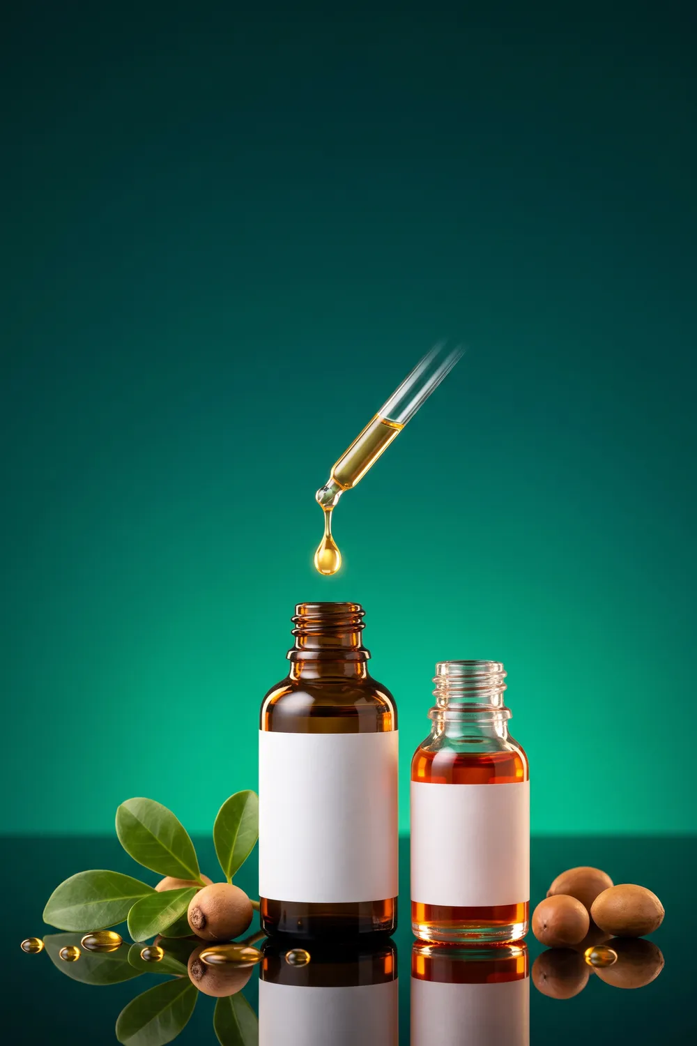 Unbranded amber and clear glass dropper bottles of golden face oil on a glossy surface against a saturated orange and magenta backdrop, with a glossy drop falling from a dropper