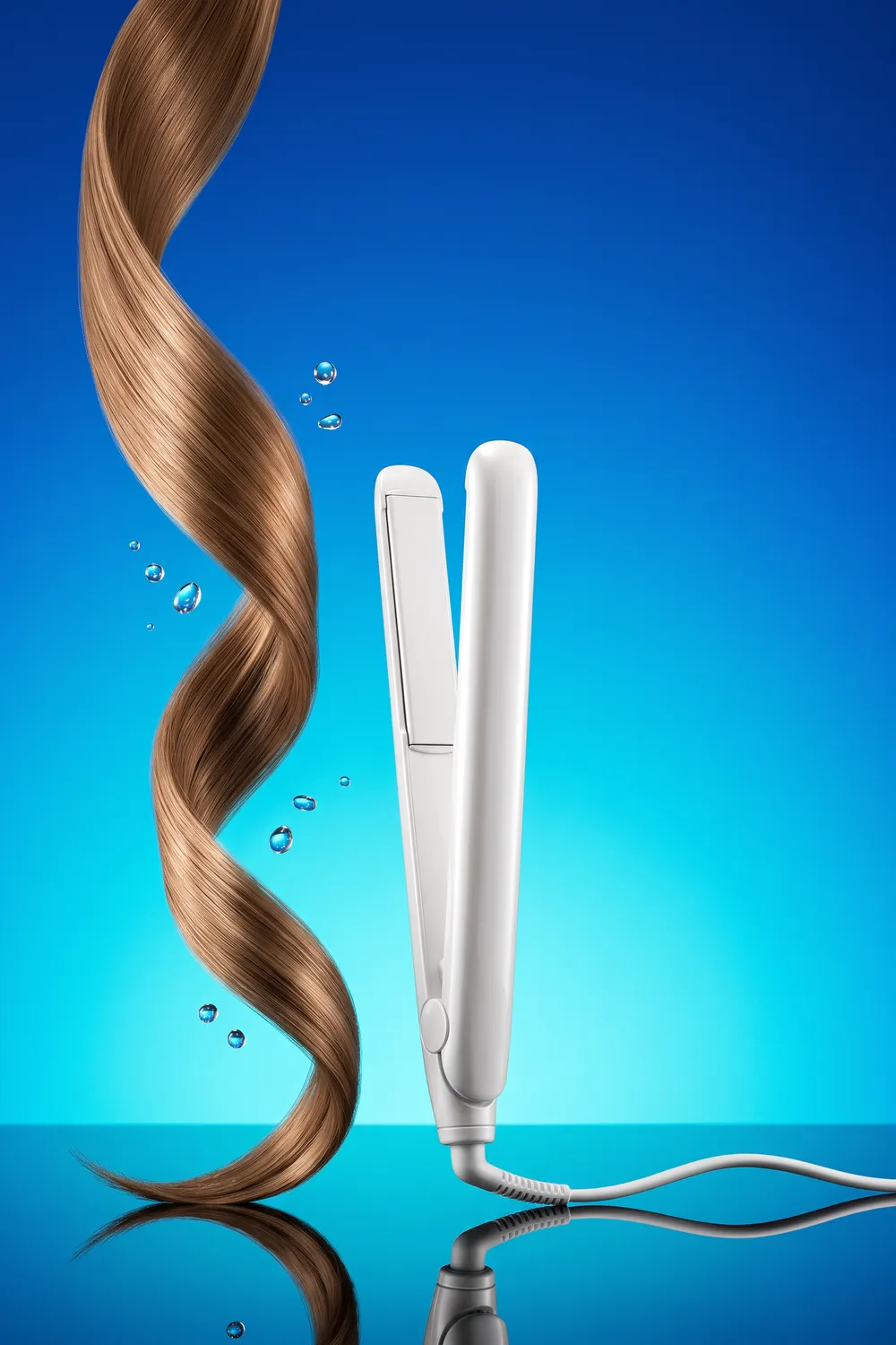 Two sleek unbranded flat irons, one white and one rose gold, with a ribbon of shiny straight blonde hair floating between them on a coral and pink backdrop
